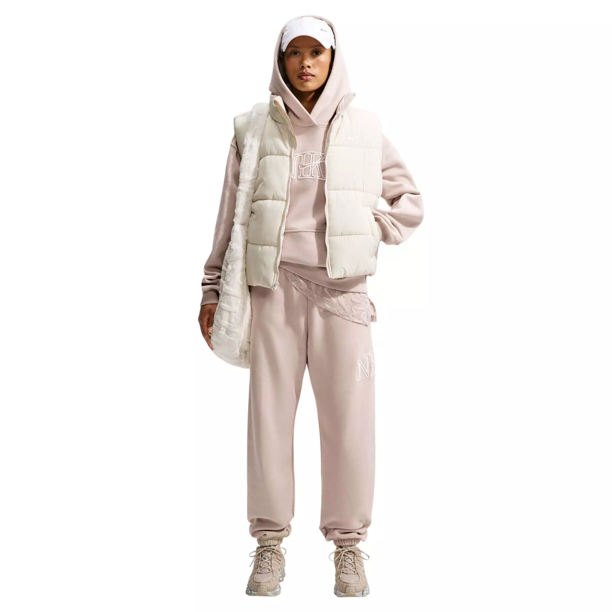 Nike Women's Studio Fleece Medium Weight Oversized Pullover Logo Hoodie - Cream - CREAM