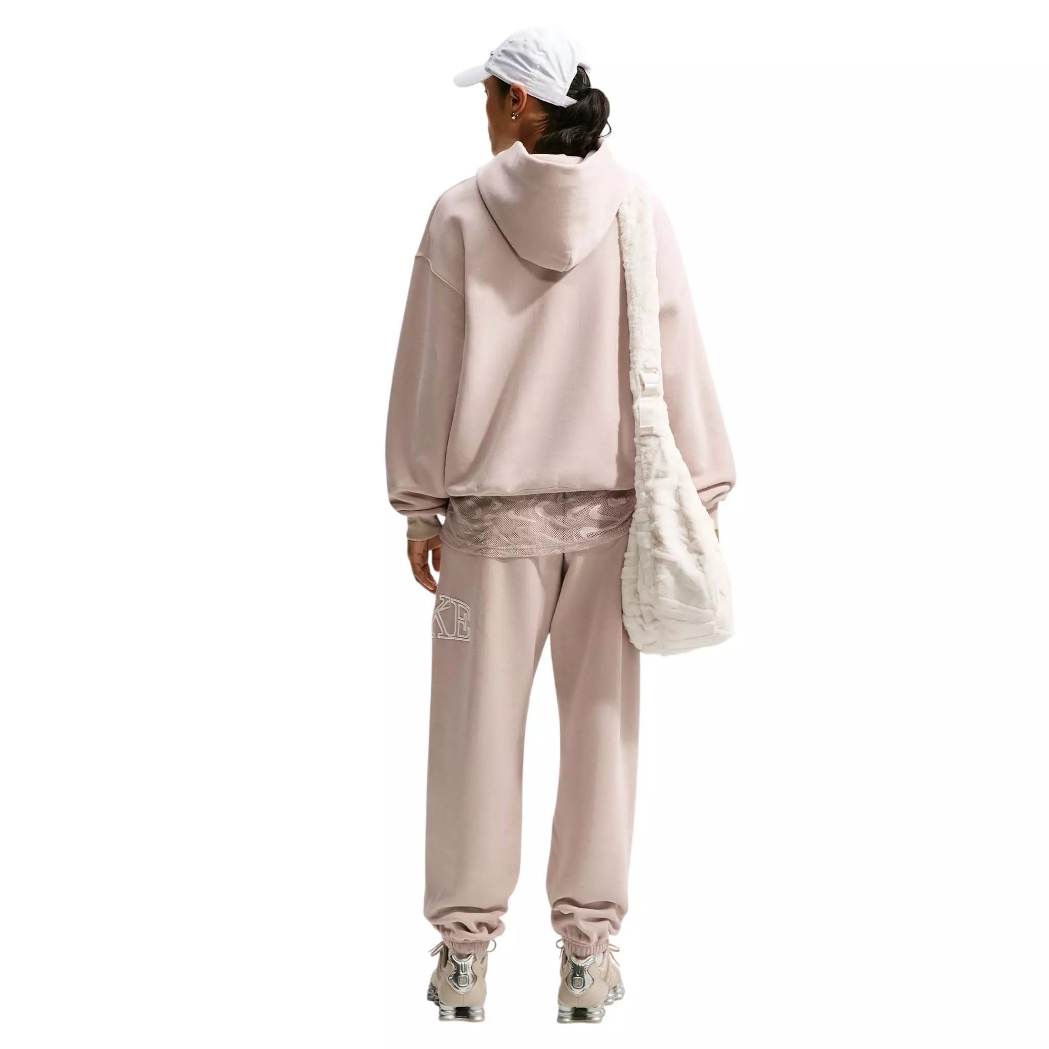 Nike Women's Studio Fleece Medium Weight Oversized Pullover Logo Hoodie - Cream - CREAM