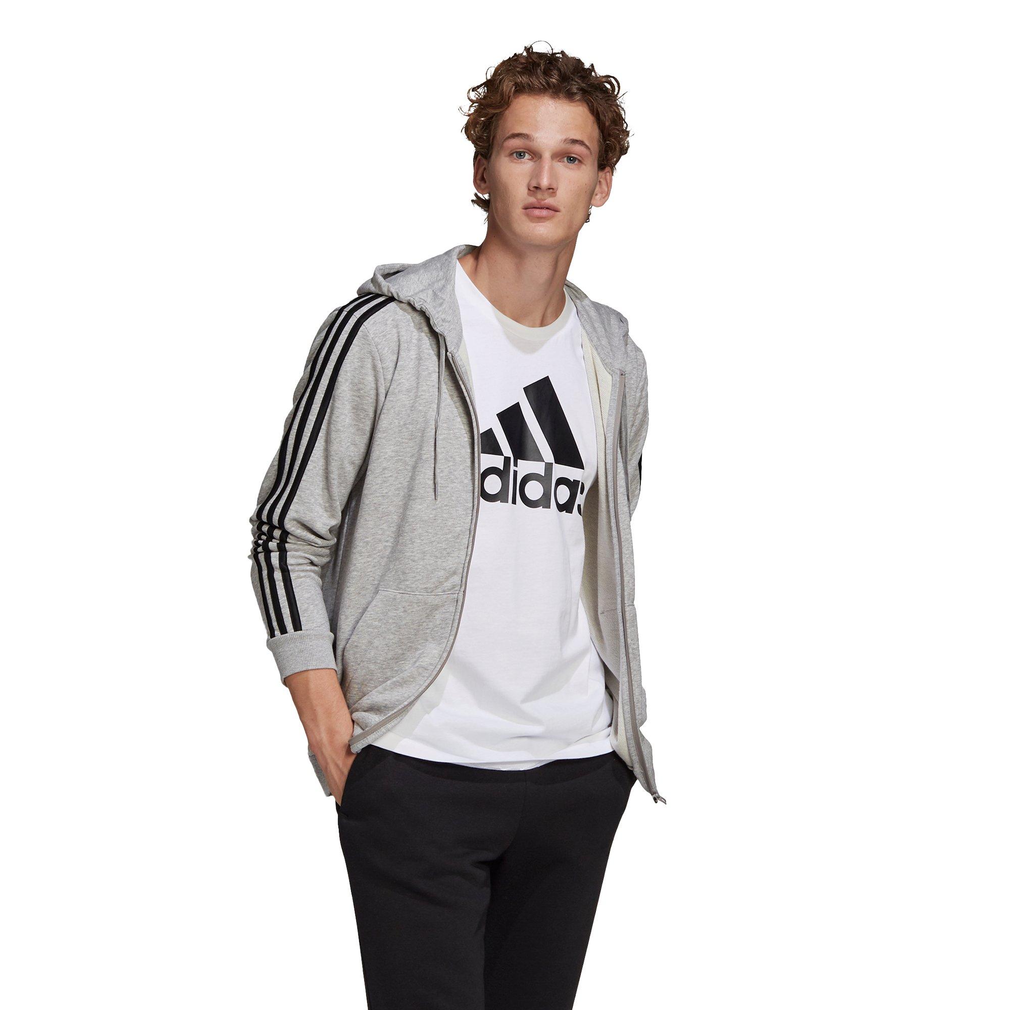 adidas Men's Essentials French Terry 3-Stripes Gray/Black Full-Zip Hoodie - GREY/BLACK Thumbnail View 3