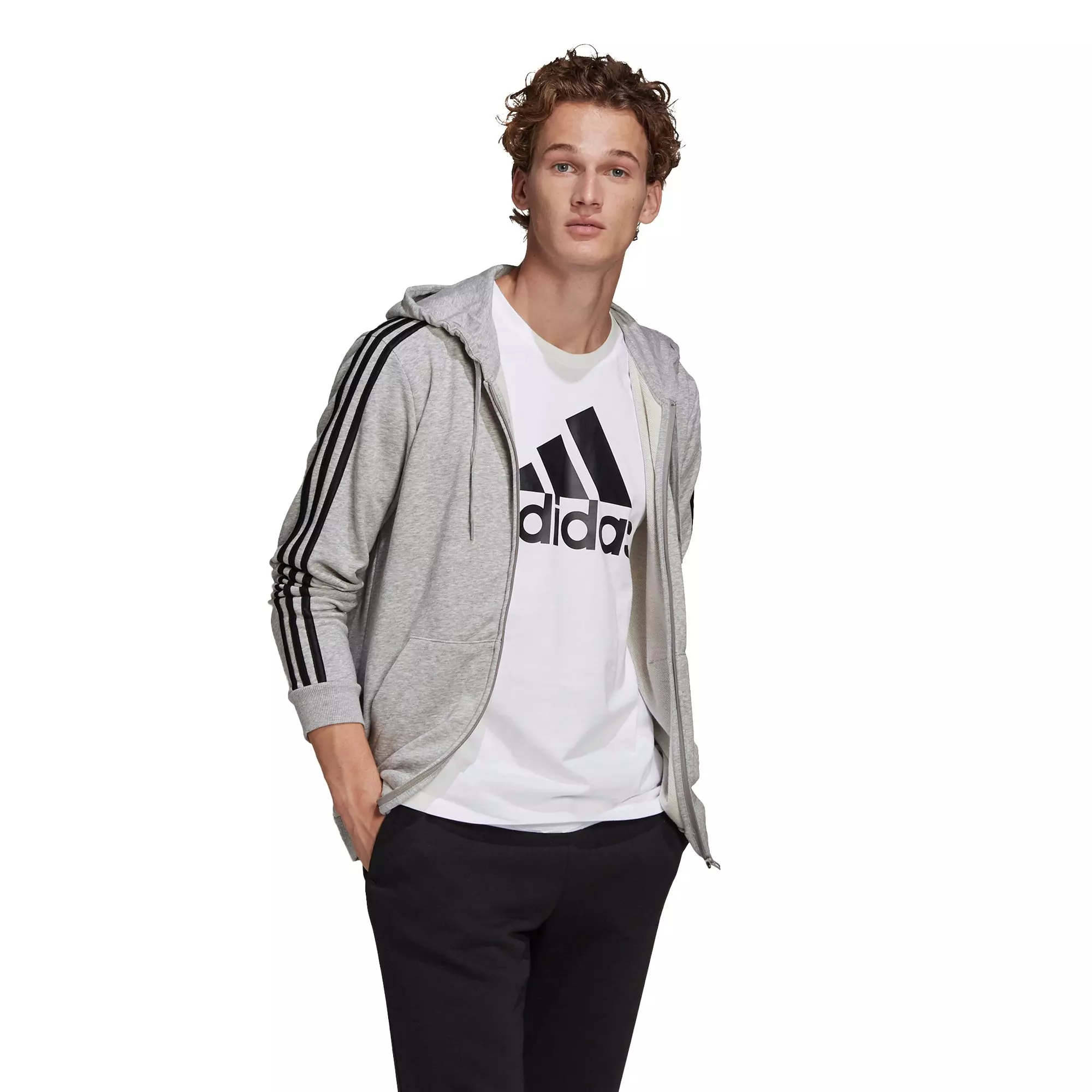adidas Men's Essentials French Terry 3-Stripes Gray/Black Full-Zip Hoodie - GREY/BLACK
