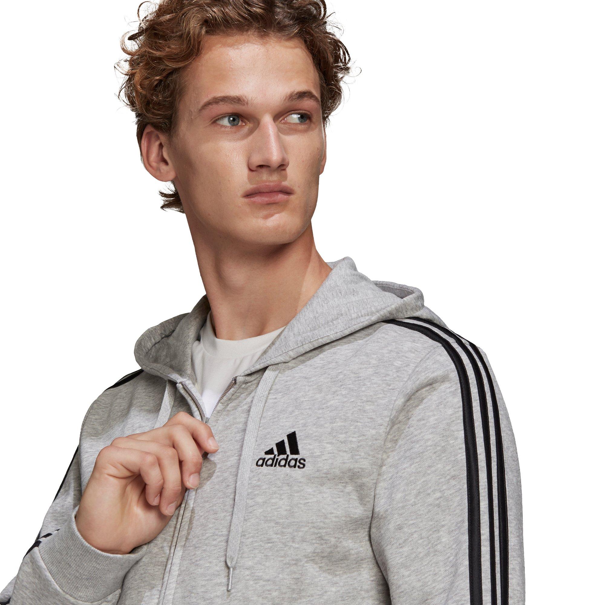 adidas Men's Essentials French Terry 3-Stripes Gray/Black Full-Zip Hoodie - GREY/BLACK Thumbnail View 4