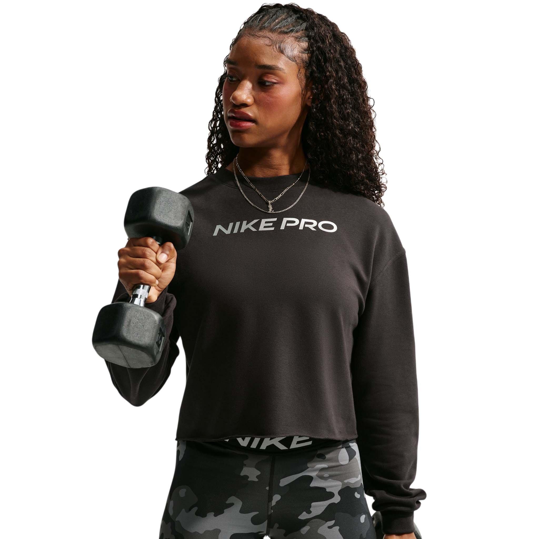 Nike Women's Pro Dri-FIT Crewneck French Terry Top - Black/White - BLACK/WHITE Thumbnail View 1