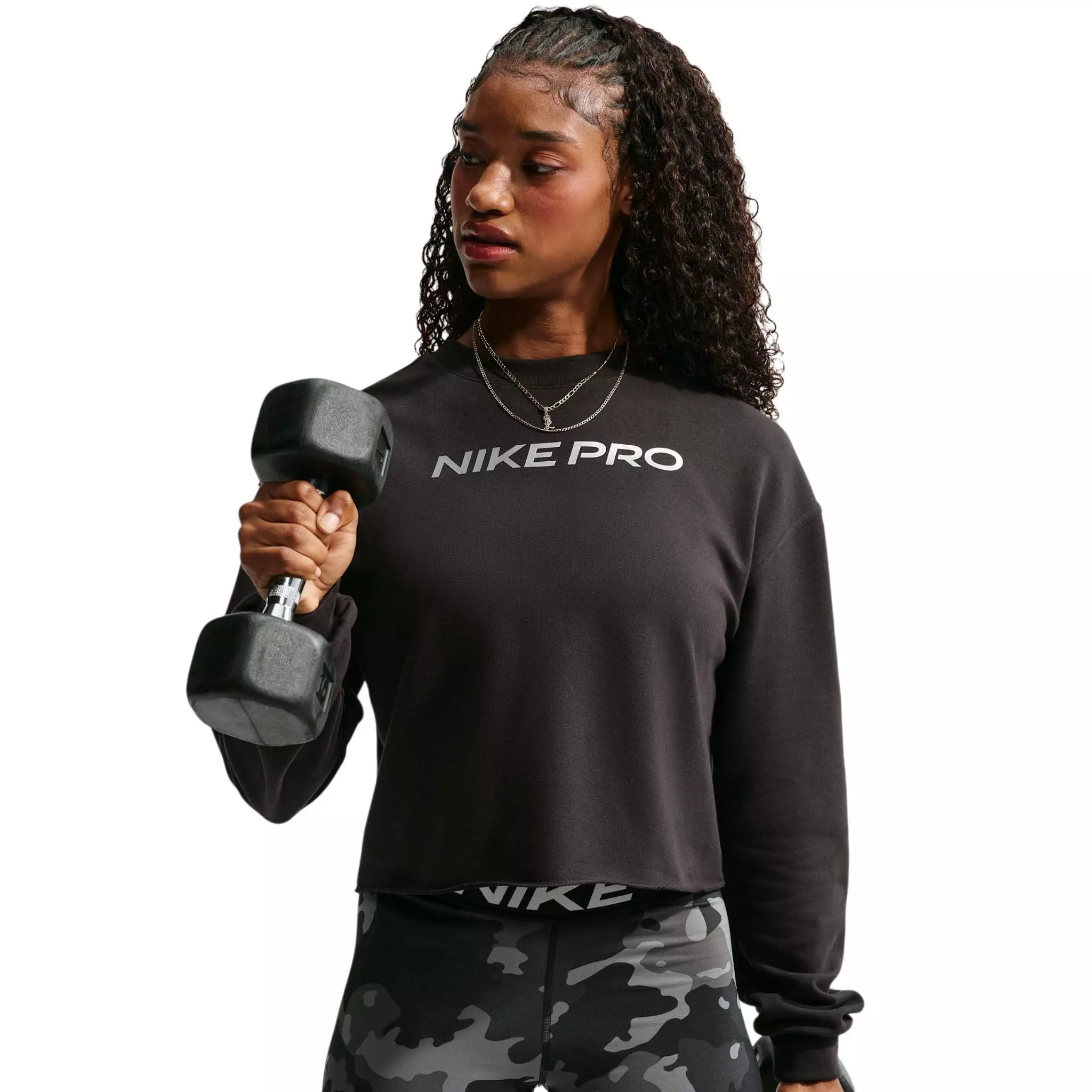 Nike Women's Pro Dri-FIT Crewneck French Terry Top - Black/White - BLACK/WHITE