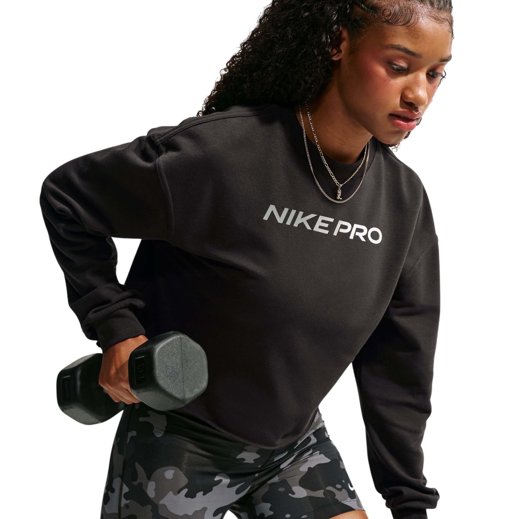 Nike Women's Pro Dri-FIT Crewneck French Terry Top - Black/White - BLACK/WHITE Thumbnail View 3