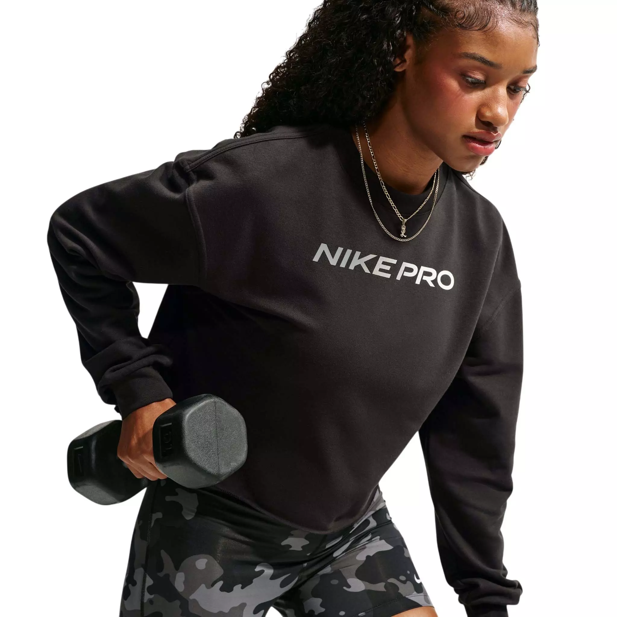 Nike Women's Pro Dri-FIT Crewneck French Terry Top - Black/White - BLACK/WHITE