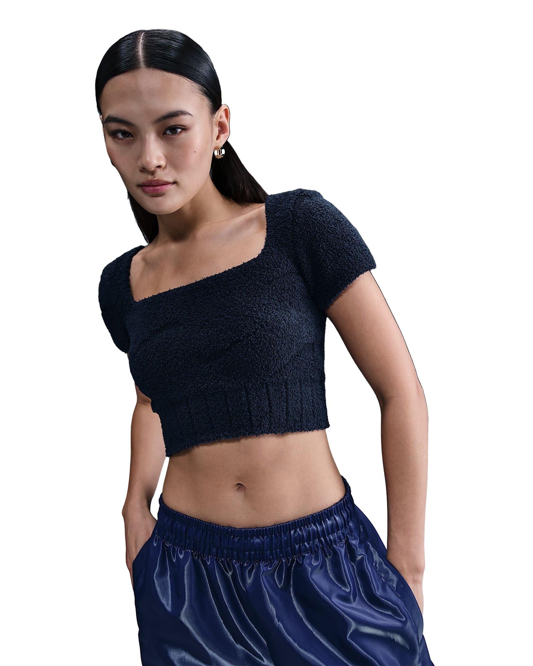 Nike Women's Sportswear Phoenix Cozy Boucle Short-Sleeve Cropped Knit Top - Navy - NAVY Thumbnail View 1