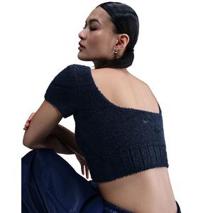 Nike Women's Sportswear Phoenix Cozy Boucle Short-Sleeve Cropped Knit Top -Navy