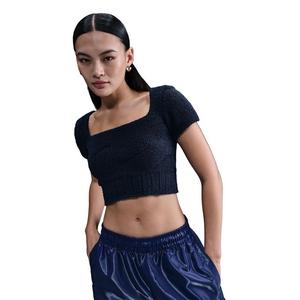 Nike Women's Sportswear Phoenix Cozy Boucle Short-Sleeve Cropped Knit Top -Navy