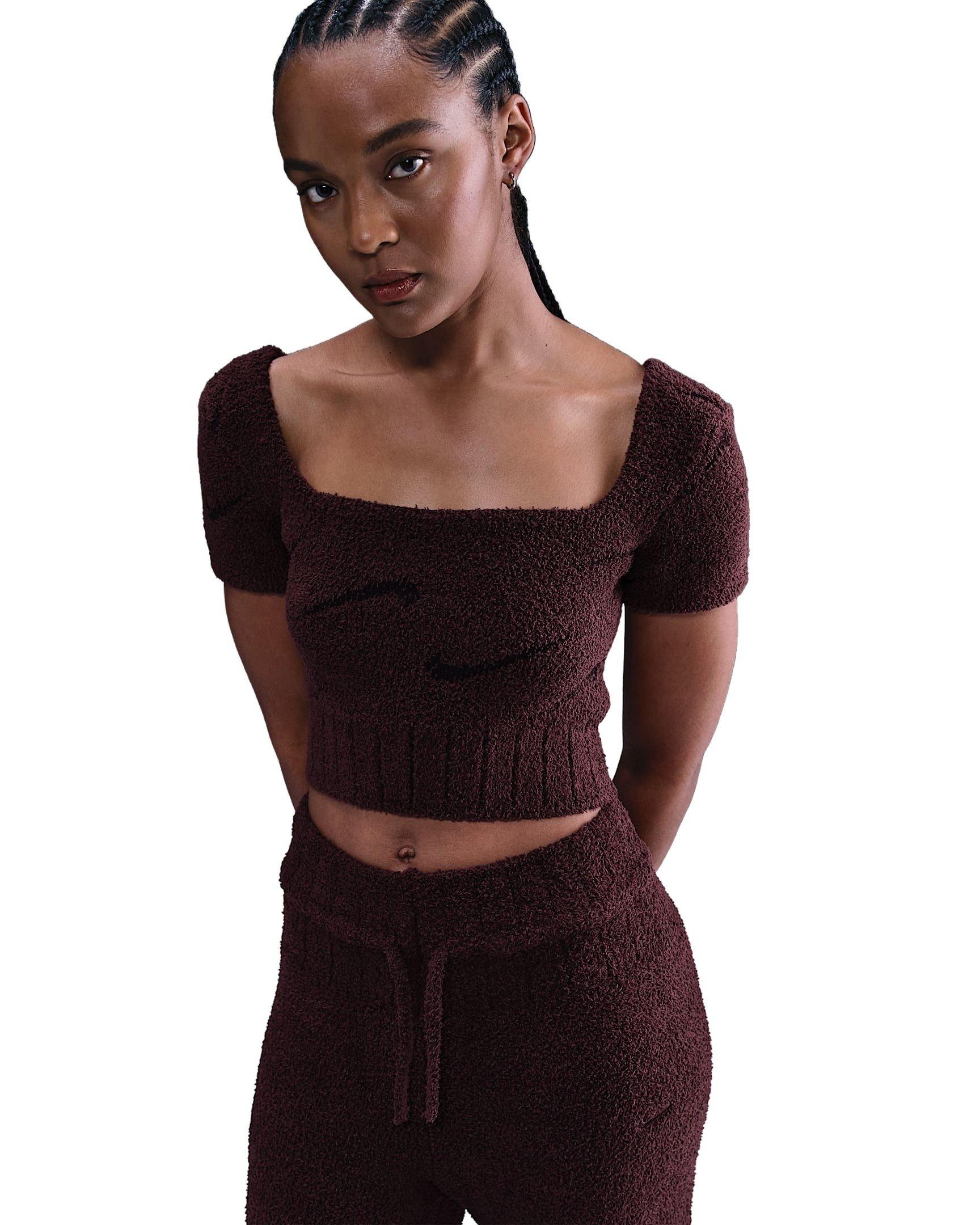 Nike Women's Sportswear Phoenix Cozy Boucle Short-Sleeve Cropped Knit Top -Burgundy - BURGUNDY Thumbnail View 1