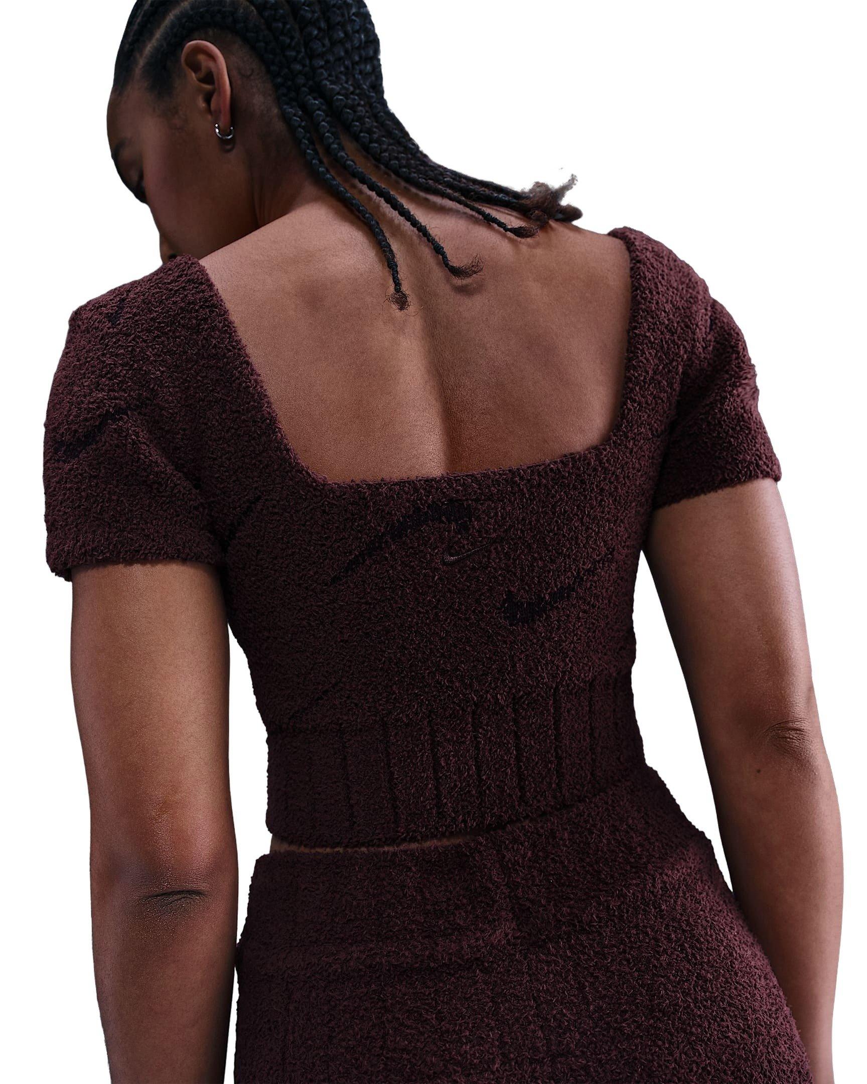 Nike Women's Sportswear Phoenix Cozy Boucle Short-Sleeve Cropped Knit Top -Burgundy - BURGUNDY Thumbnail View 2