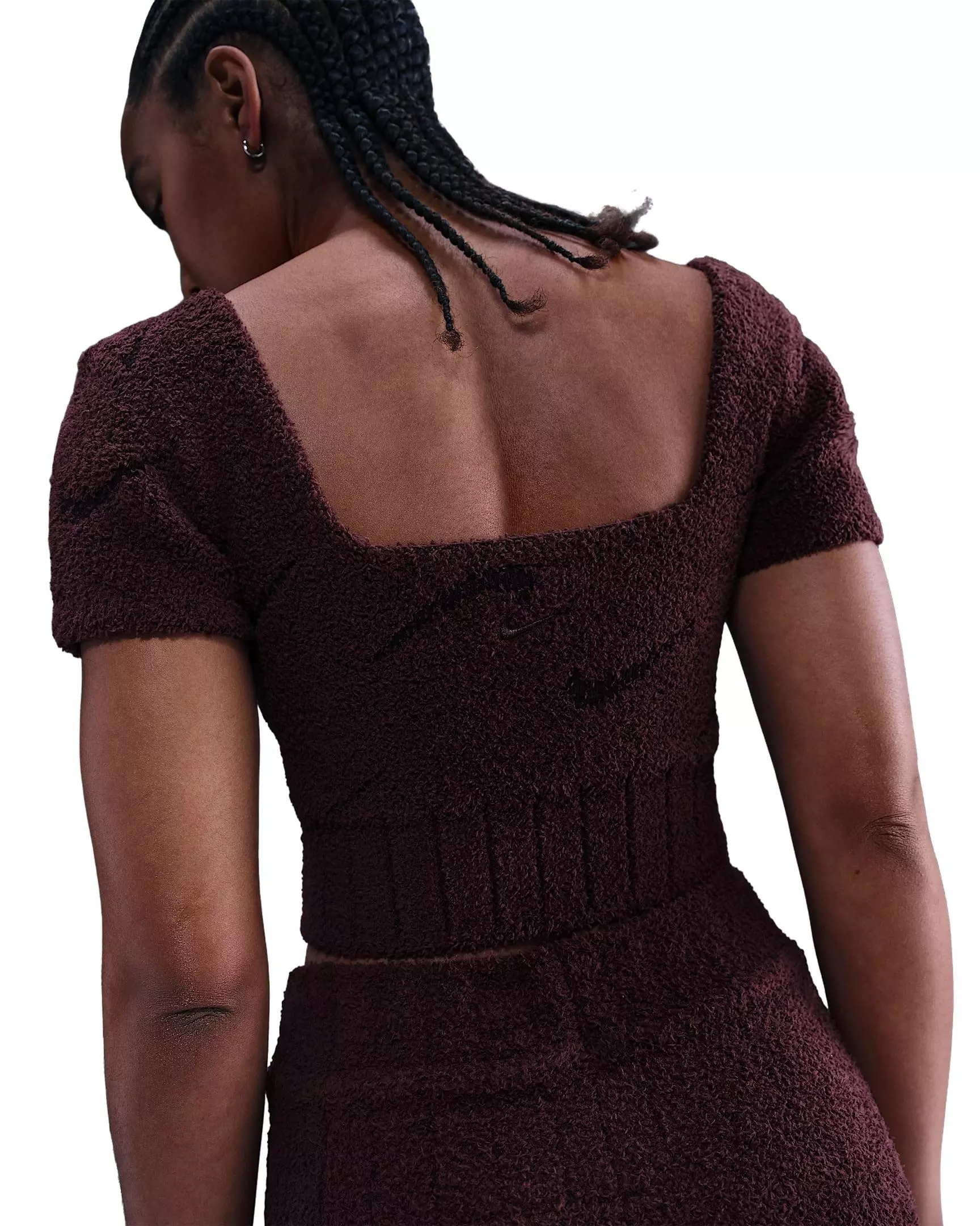 Nike Women's Sportswear Phoenix Cozy Boucle Short-Sleeve Cropped Knit Top -Burgundy - BURGUNDY