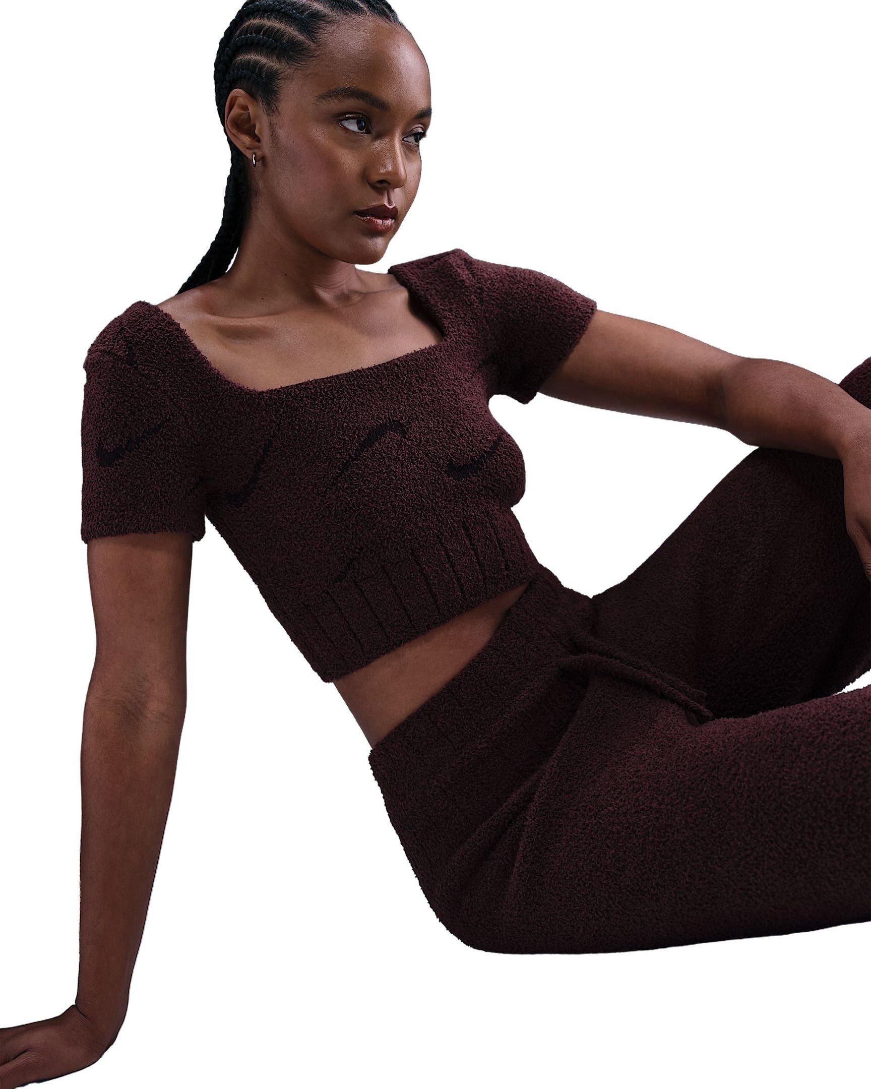 Nike Women's Sportswear Phoenix Cozy Boucle Short-Sleeve Cropped Knit Top - Burgundy - BURGUNDY Thumbnail View 3