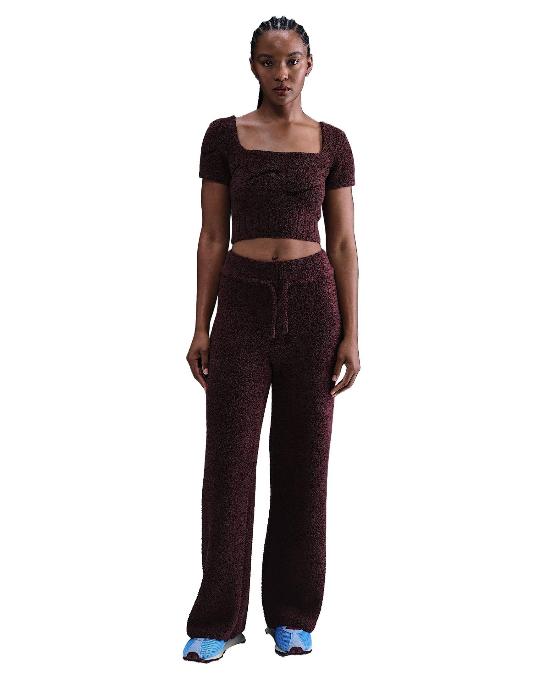 Nike Women's Sportswear Phoenix Cozy Boucle Short-Sleeve Cropped Knit Top - Burgundy - BURGUNDY Thumbnail View 4