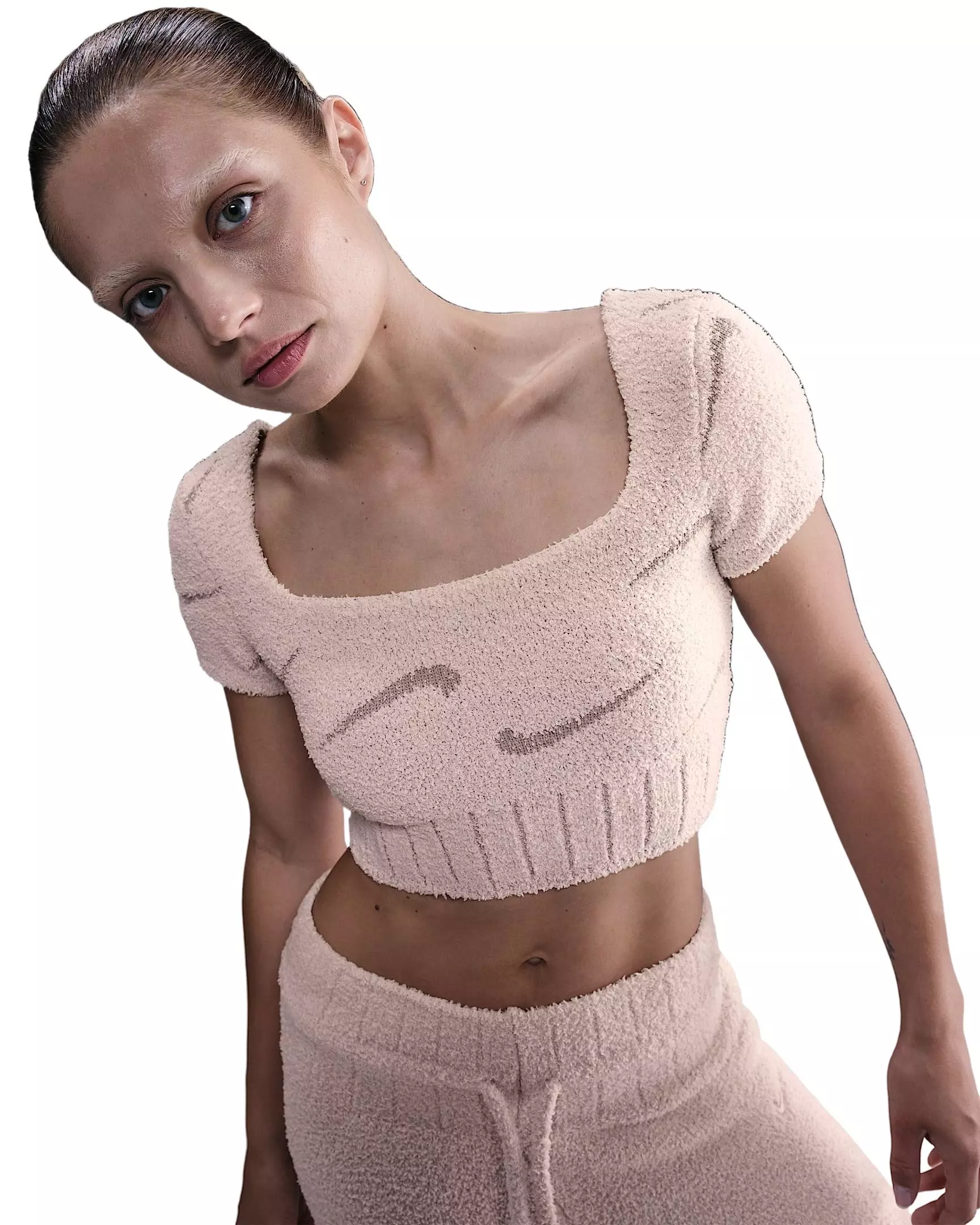 Nike Women's Sportswear Phoenix Cozy Boucle Short-Sleeve Cropped Knit Top - Lt Pink - LT PINK