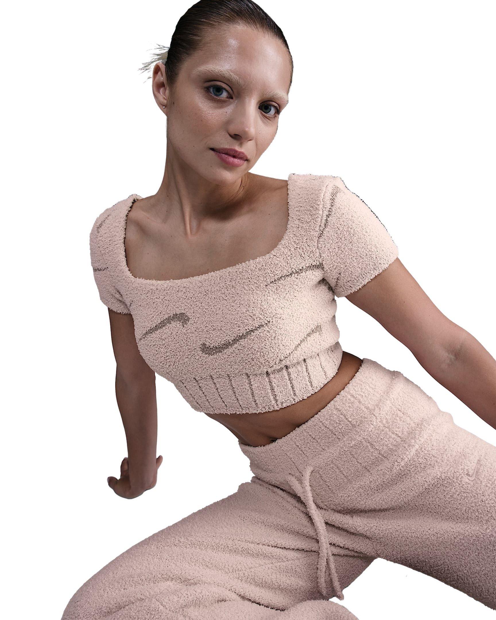 Nike Women's Sportswear Phoenix Cozy Boucle Short-Sleeve Cropped Knit Top - Lt Pink - LT PINK Thumbnail View 3