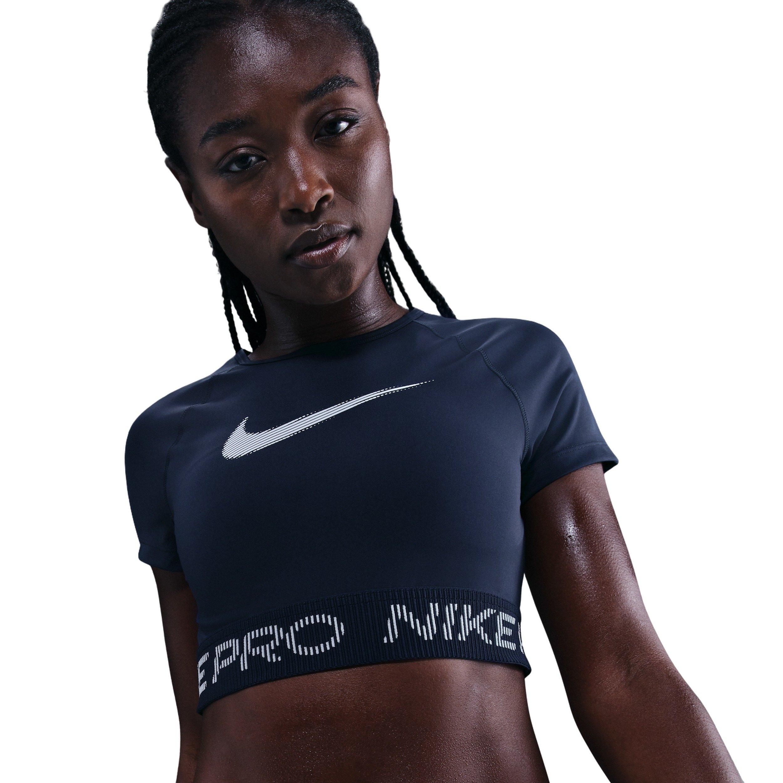 Nike Women's Pro Dri-FIT Short-Sleeve Cropped Graphic Top - Navy - NAVY Thumbnail View 1