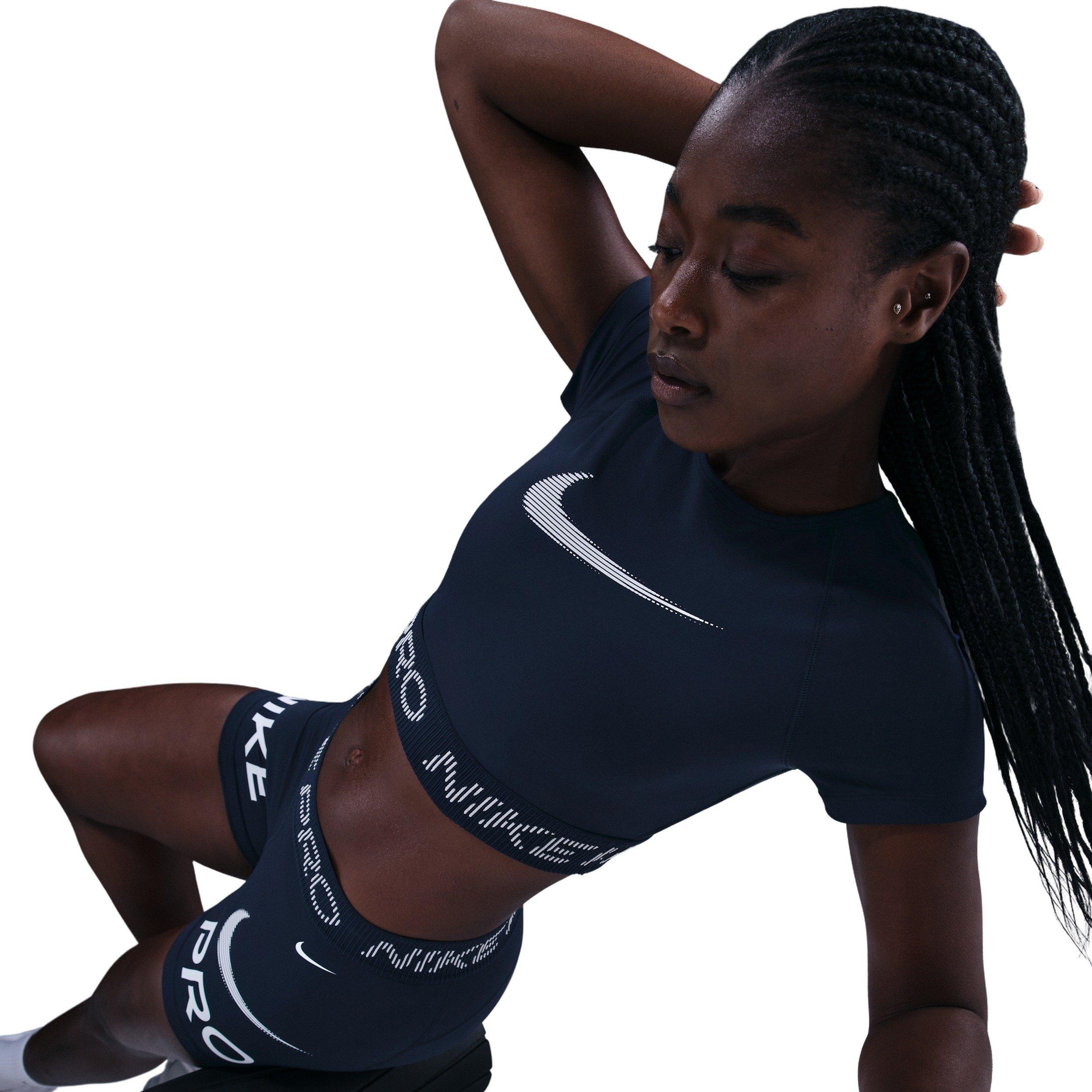 Nike Women's Pro Dri-FIT Short-Sleeve Cropped Graphic Top - Navy - NAVY Thumbnail View 3