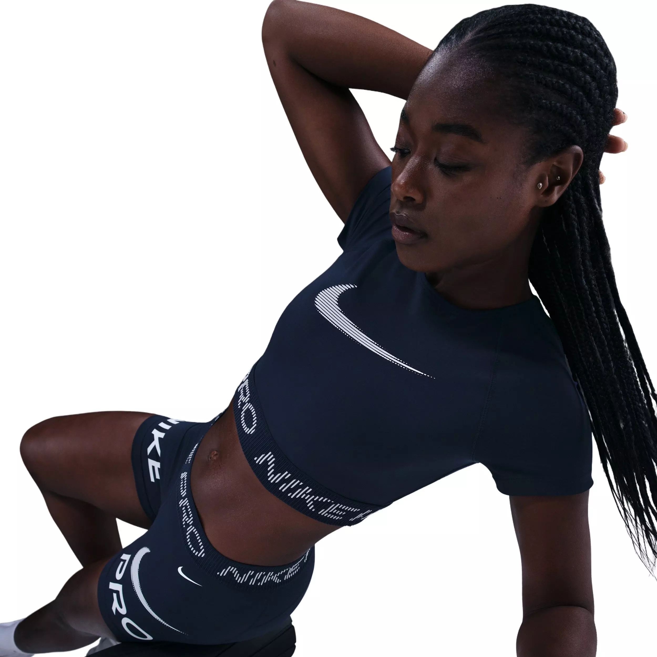 Nike Women's Pro Dri-FIT Short-Sleeve Cropped Graphic Top -Navy - NAVY