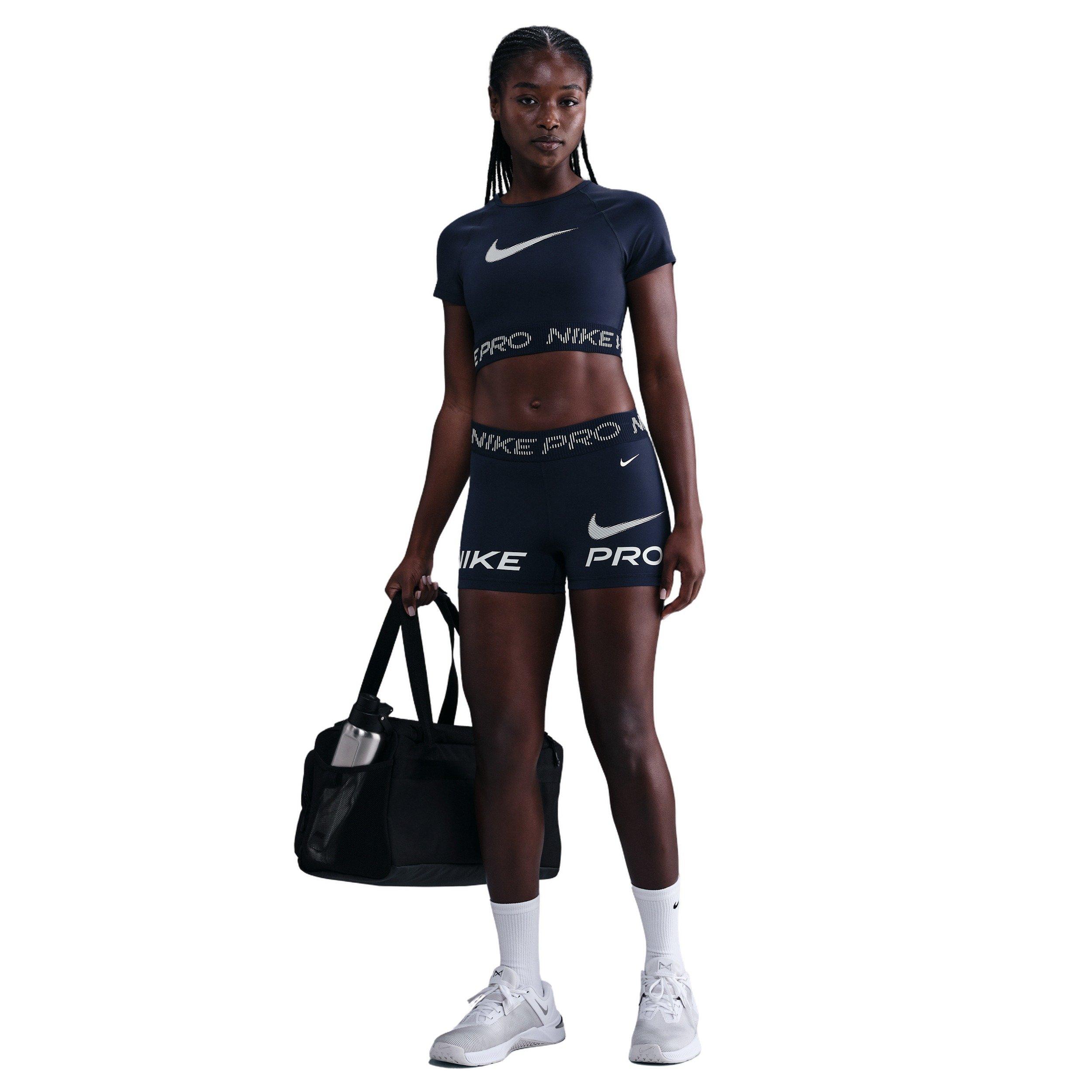 Nike Women's Pro Dri-FIT Short-Sleeve Cropped Graphic Top -Navy - NAVY Thumbnail View 4