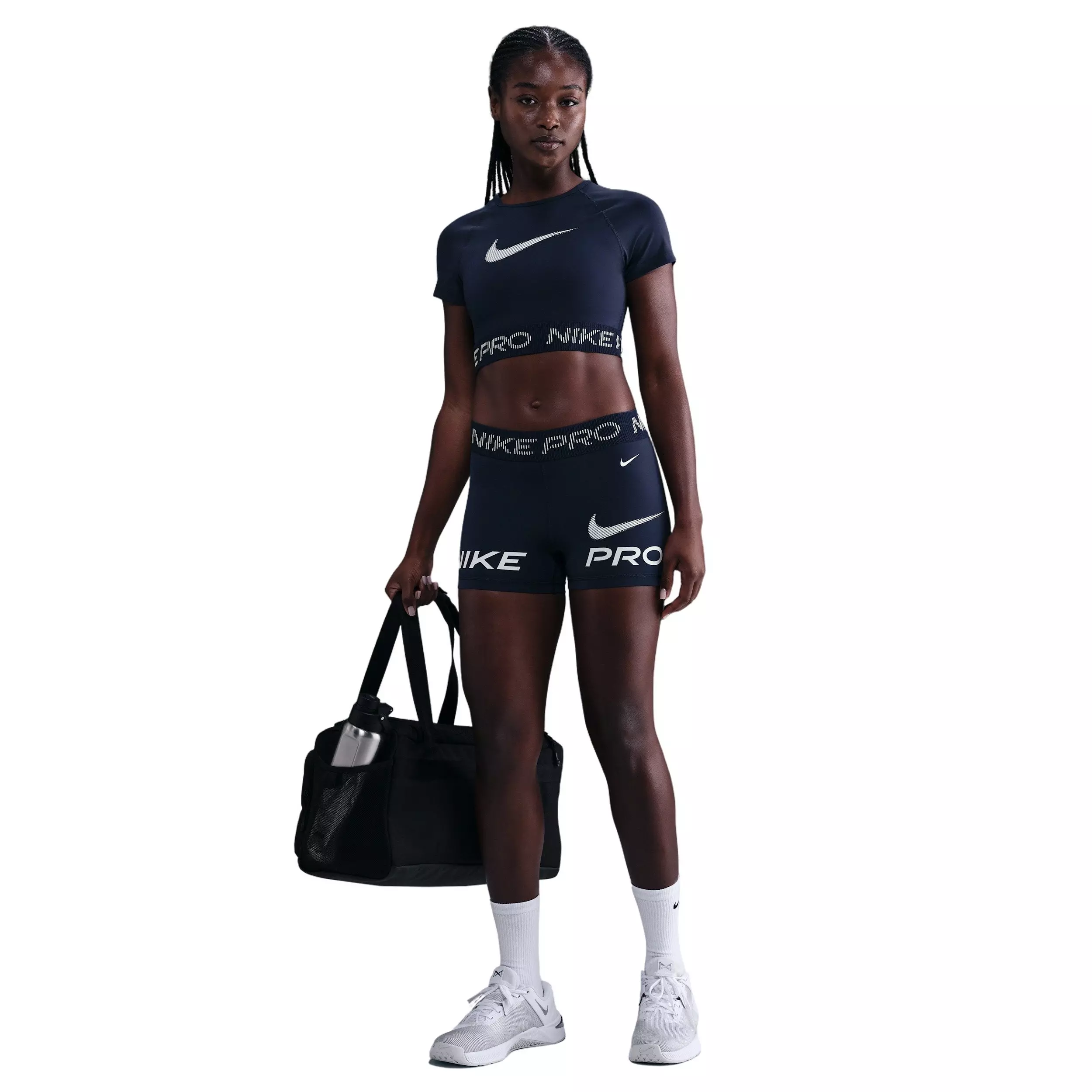 Nike Women's Pro Dri-FIT Short-Sleeve Cropped Graphic Top -Navy - NAVY