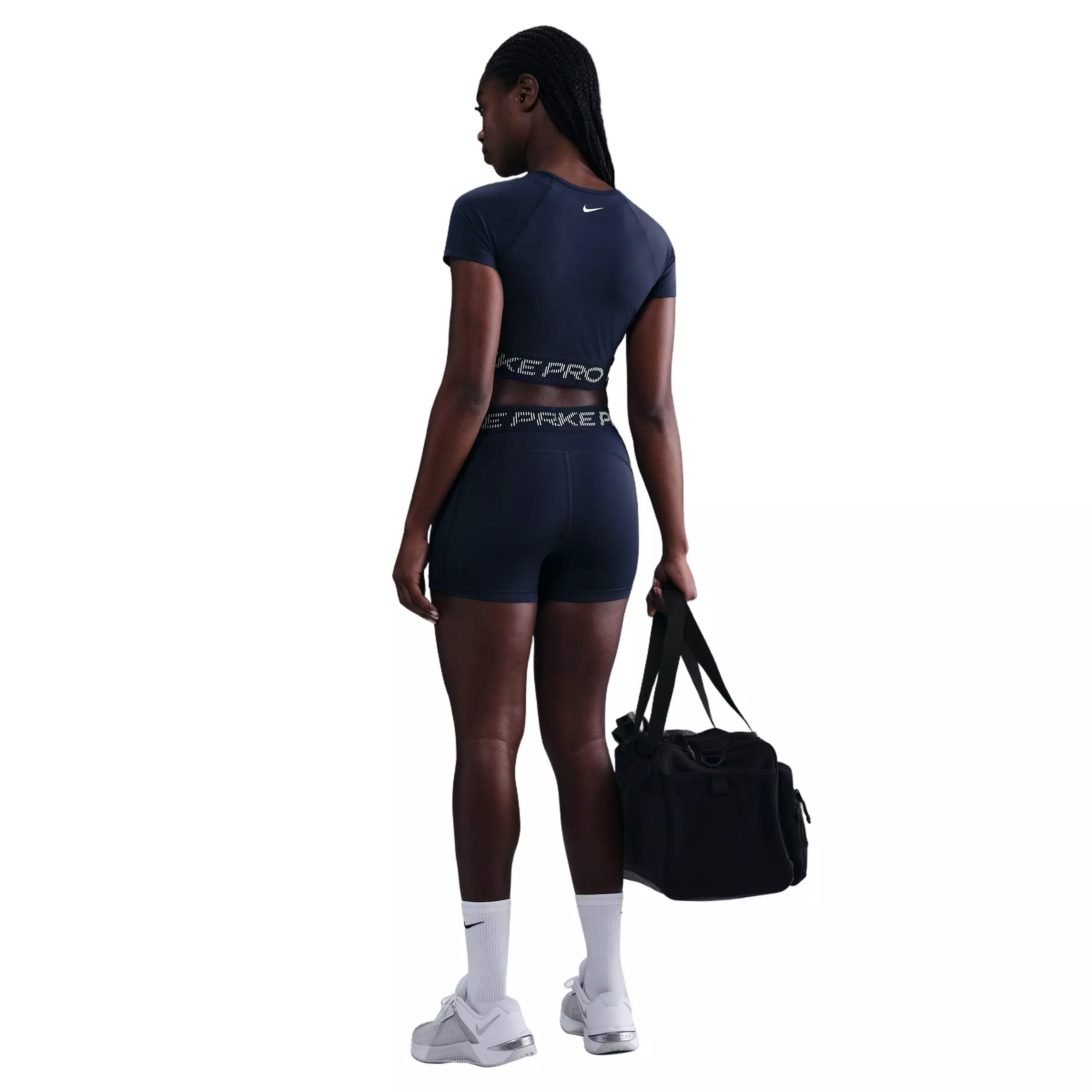 Nike Women's Pro Dri-FIT Short-Sleeve Cropped Graphic Top -Navy - NAVY