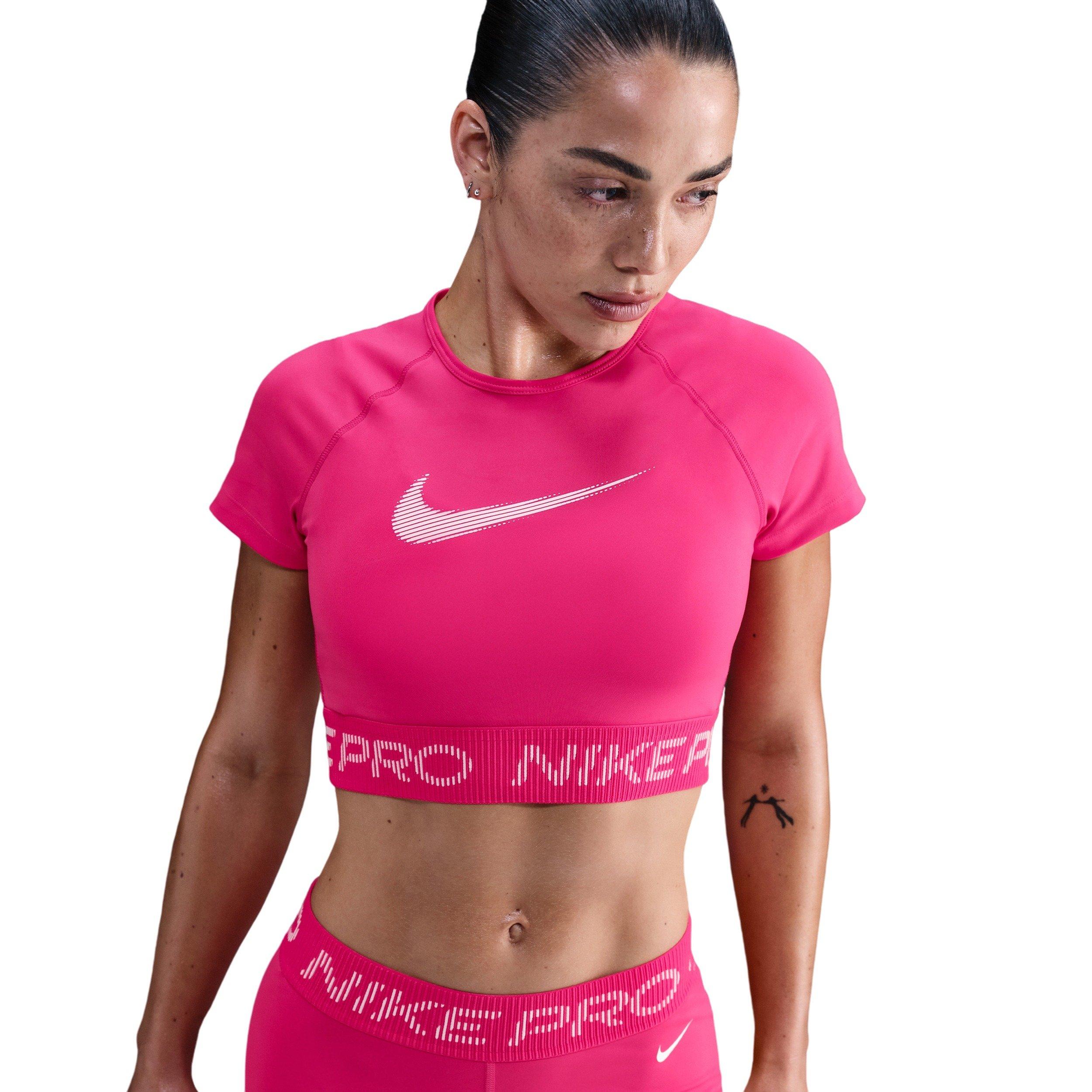 Nike Women's Pro Dri-FIT Short-Sleeve Cropped Graphic Top - Pink - PINK Thumbnail View 1