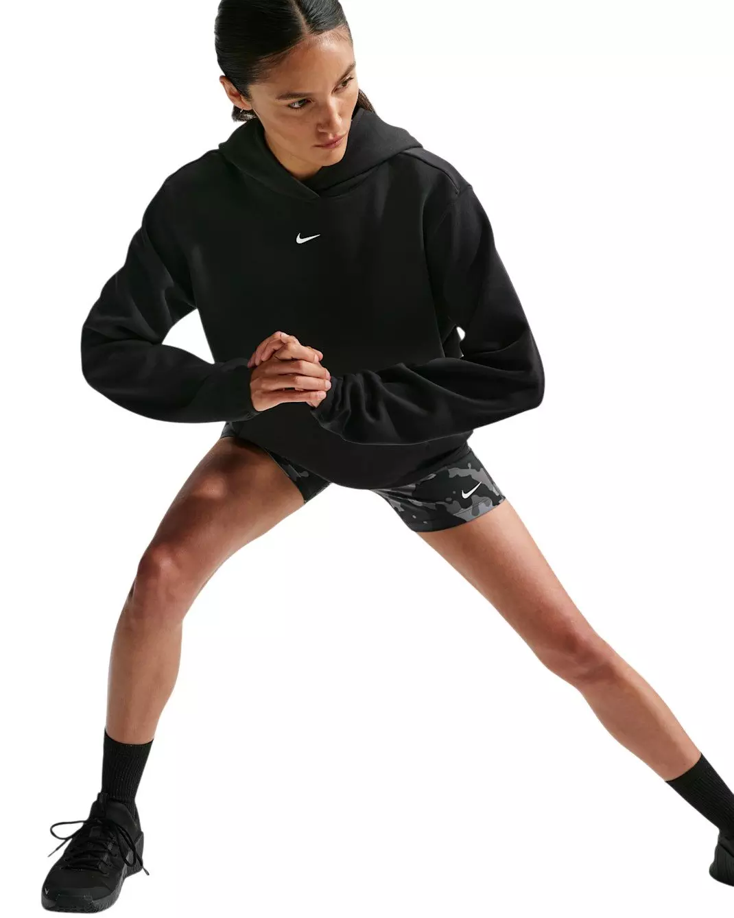 Nike Women's Studio Fleece Sport Dri-FIT Pullover Hoodie - Black/White - BLACK/WHITE