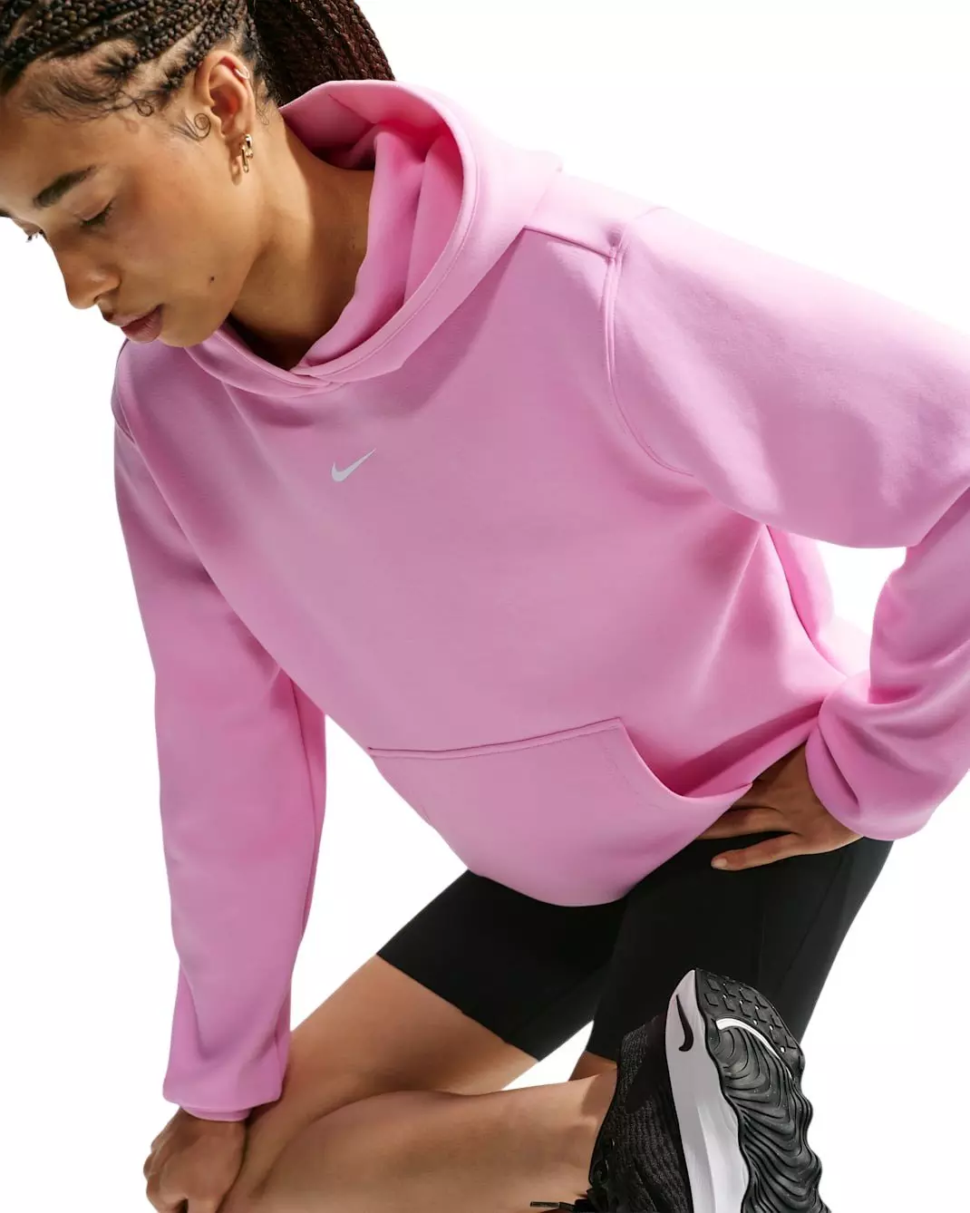 Nike Women's Studio Fleece Sport Dri-FIT Pullover Hoodie - Pink/White - PINK/WHITE