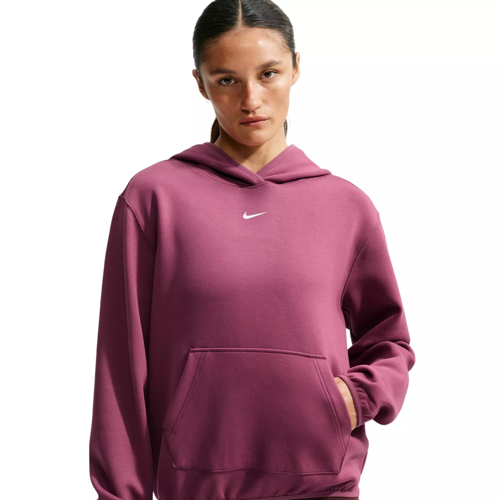 Nike Women's Studio Fleece Sport Dri-FIT Pullover Hoodie - Dark Pink/White - DARK PINK/WHITE