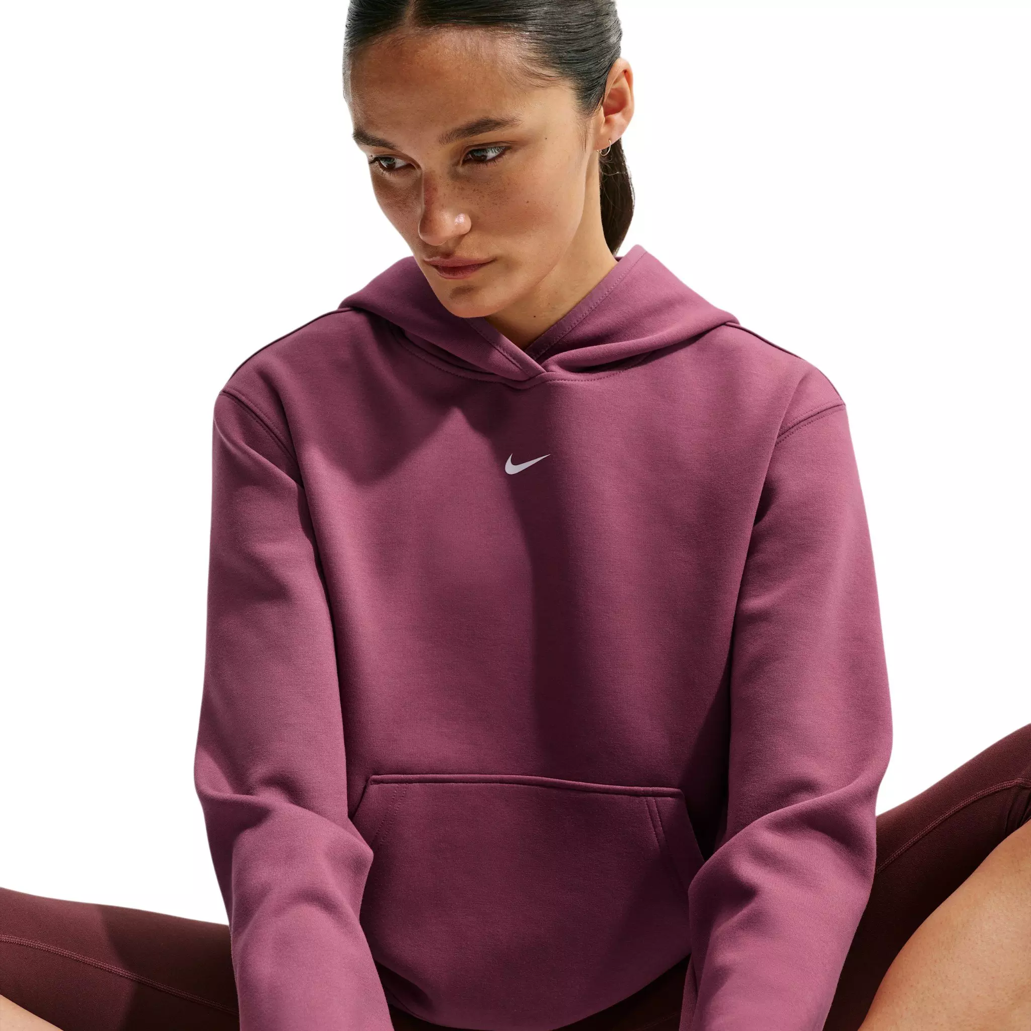 Nike Women's Studio Fleece Sport Dri-FIT Pullover Hoodie - Dark Pink/White - DARK PINK/WHITE