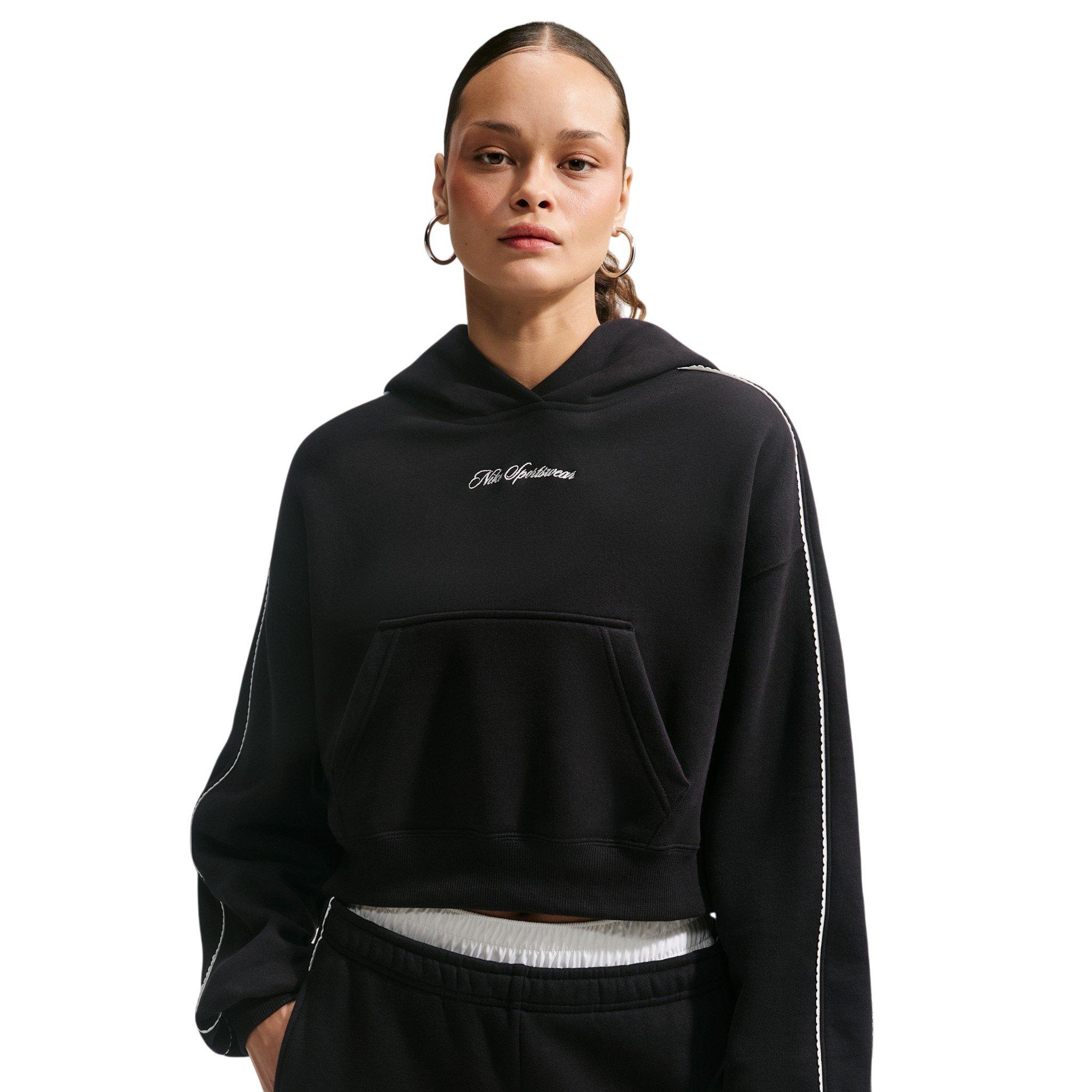 Nike Women's Studio Fleece Medium Weight Cropped Scalloped Pullover Hoodie - Black - BLACK