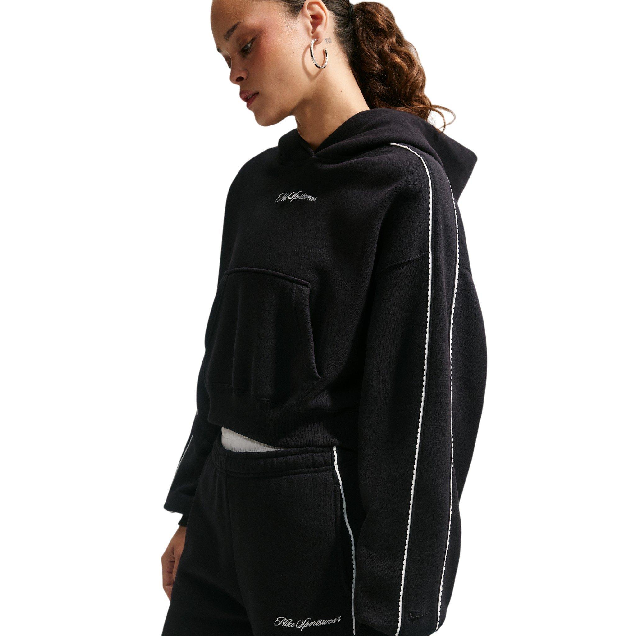 Nike Women's Studio Fleece Medium Weight Cropped Scalloped Pullover Hoodie - Black - BLACK