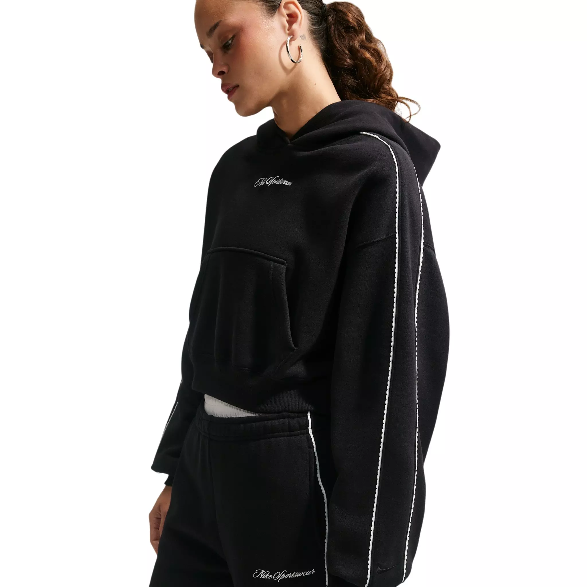 Nike Women's Studio Fleece Medium Weight Cropped Scalloped Pullover Hoodie - Black - BLACK