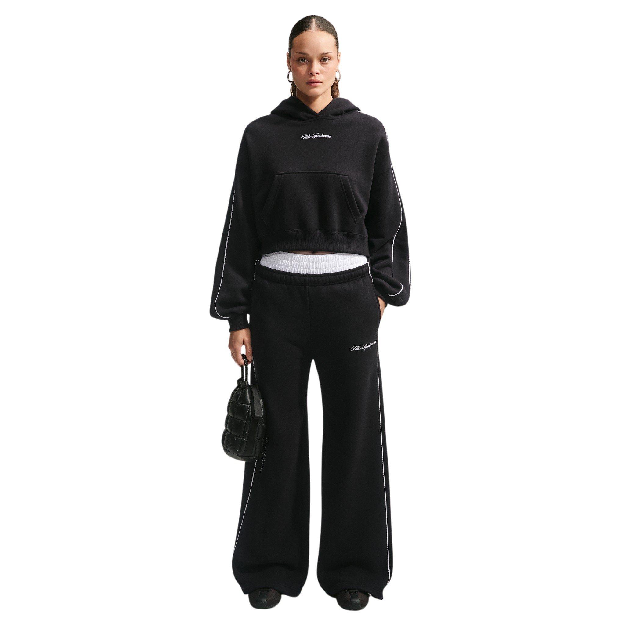 Nike Women's Studio Fleece Medium Weight Cropped Scalloped Pullover Hoodie - Black - BLACK