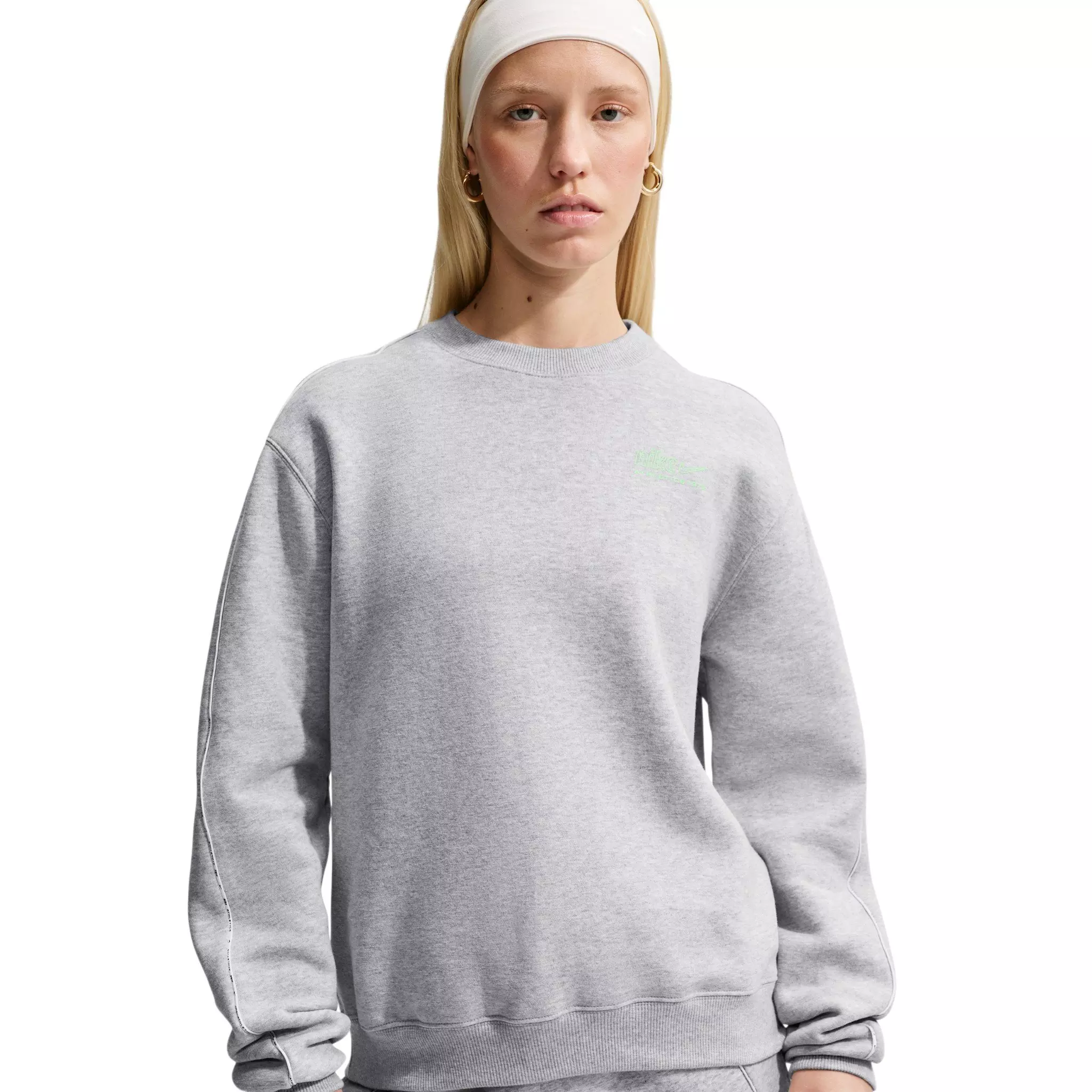 Nike Women's Studio Fleece Med Weight "Graphic Pack" "Athletic Dept" Crew - Grey/Green - GREY/GREEN