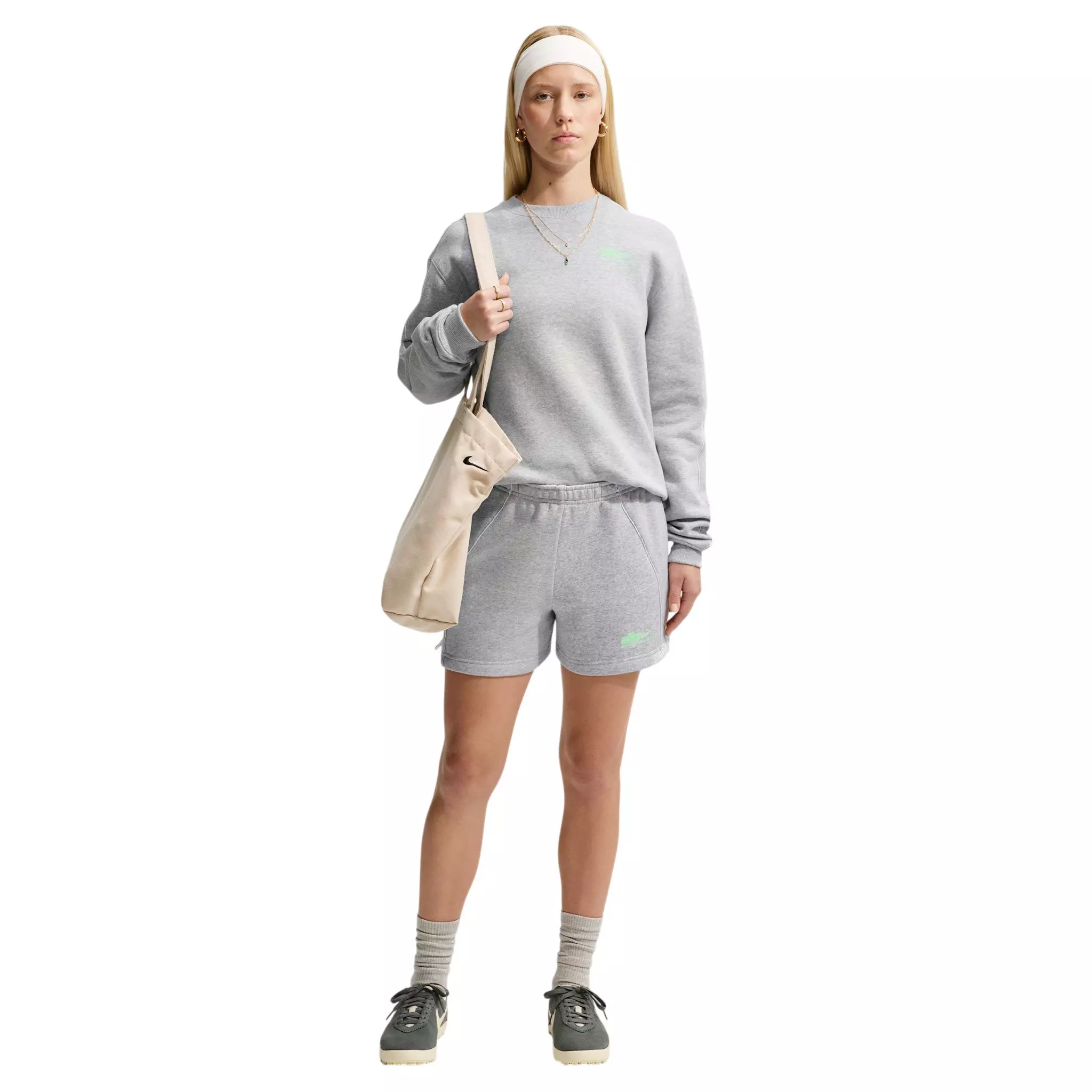 Nike Women's Studio Fleece Med Weight "Graphic Pack" "Athletic Dept" Crew - Grey/Green - GREY/GREEN