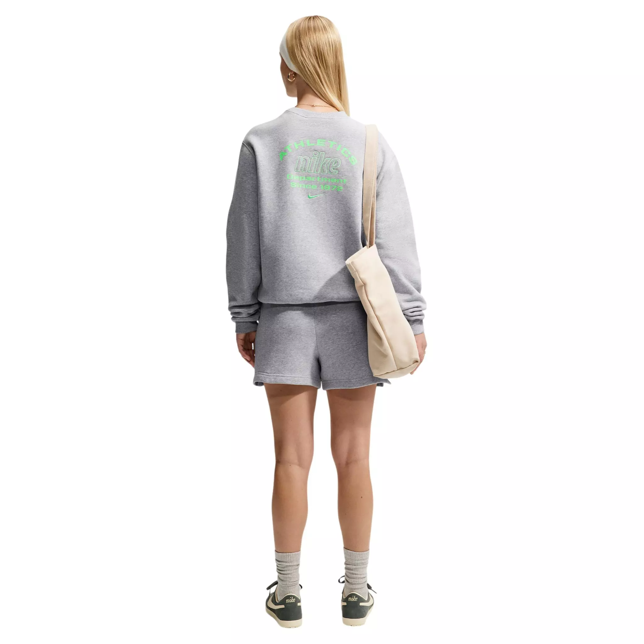 Nike Women's Studio Fleece Med Weight "Graphic Pack" "Athletic Dept" Crew - Grey/Green - GREY/GREEN