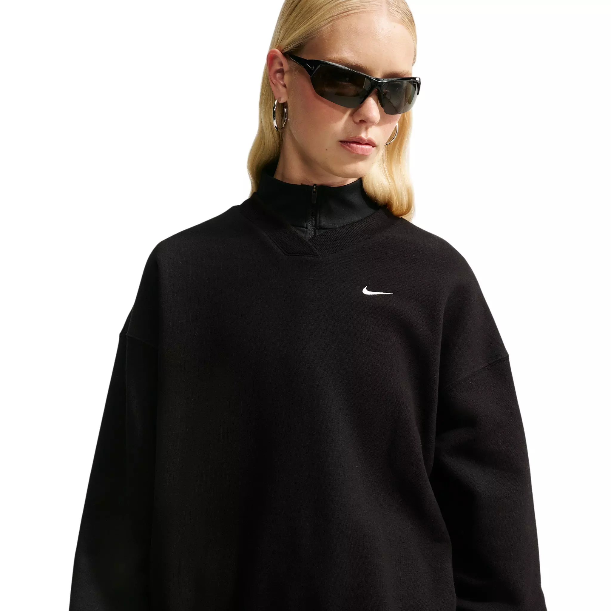 Nike Women's Studio Fleece Med-Weight Oversized V-Neck Top - Black - BLACK