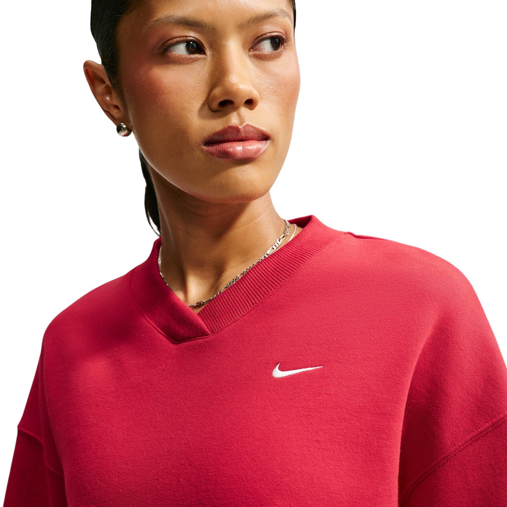 Nike Women's Studio Fleece Med-Weight Oversized V-Neck Top - Red - RED
