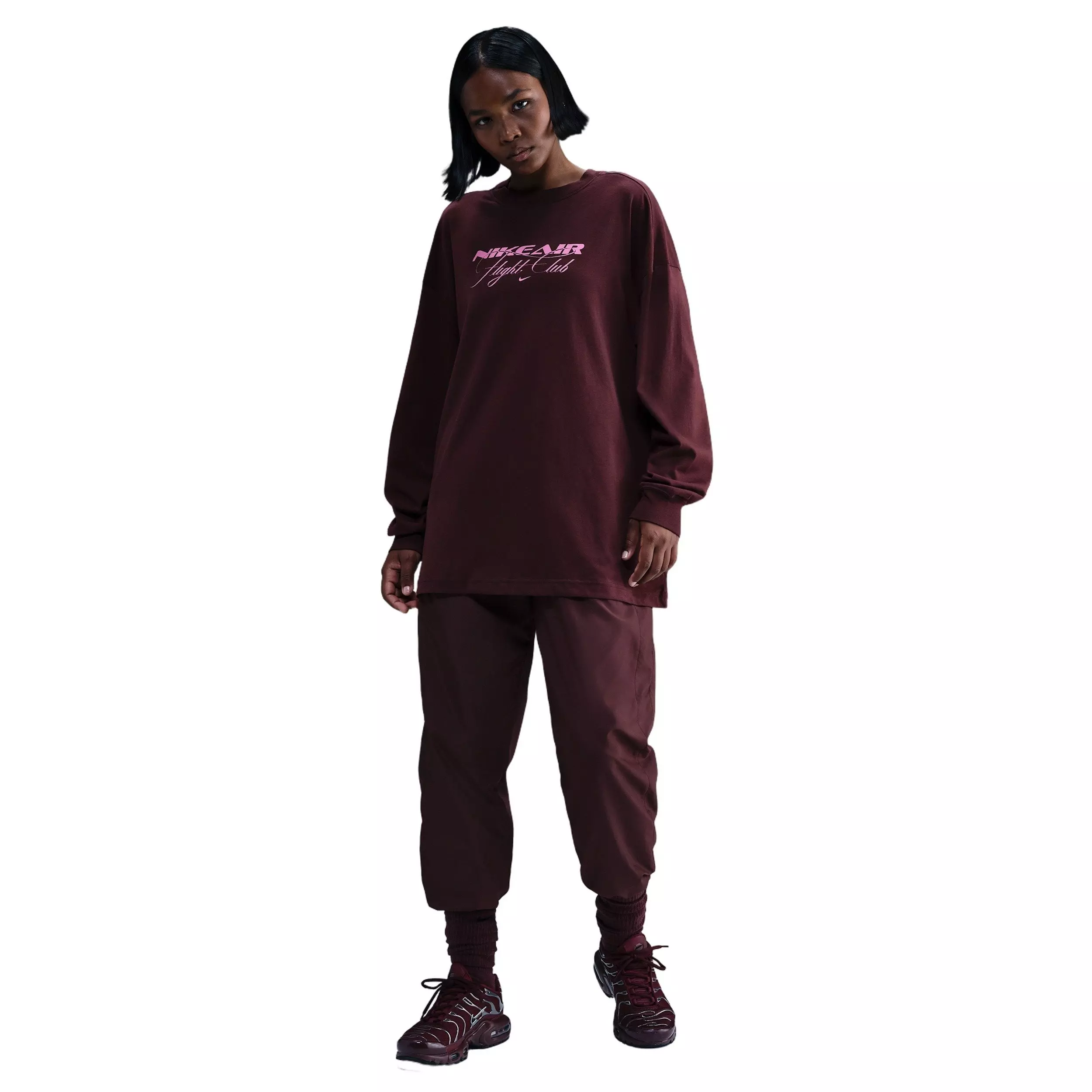 Nike Women's Sportswear Oversized Long-Sleeve Travel T-Shirt - Burgundy - BURGUNDY