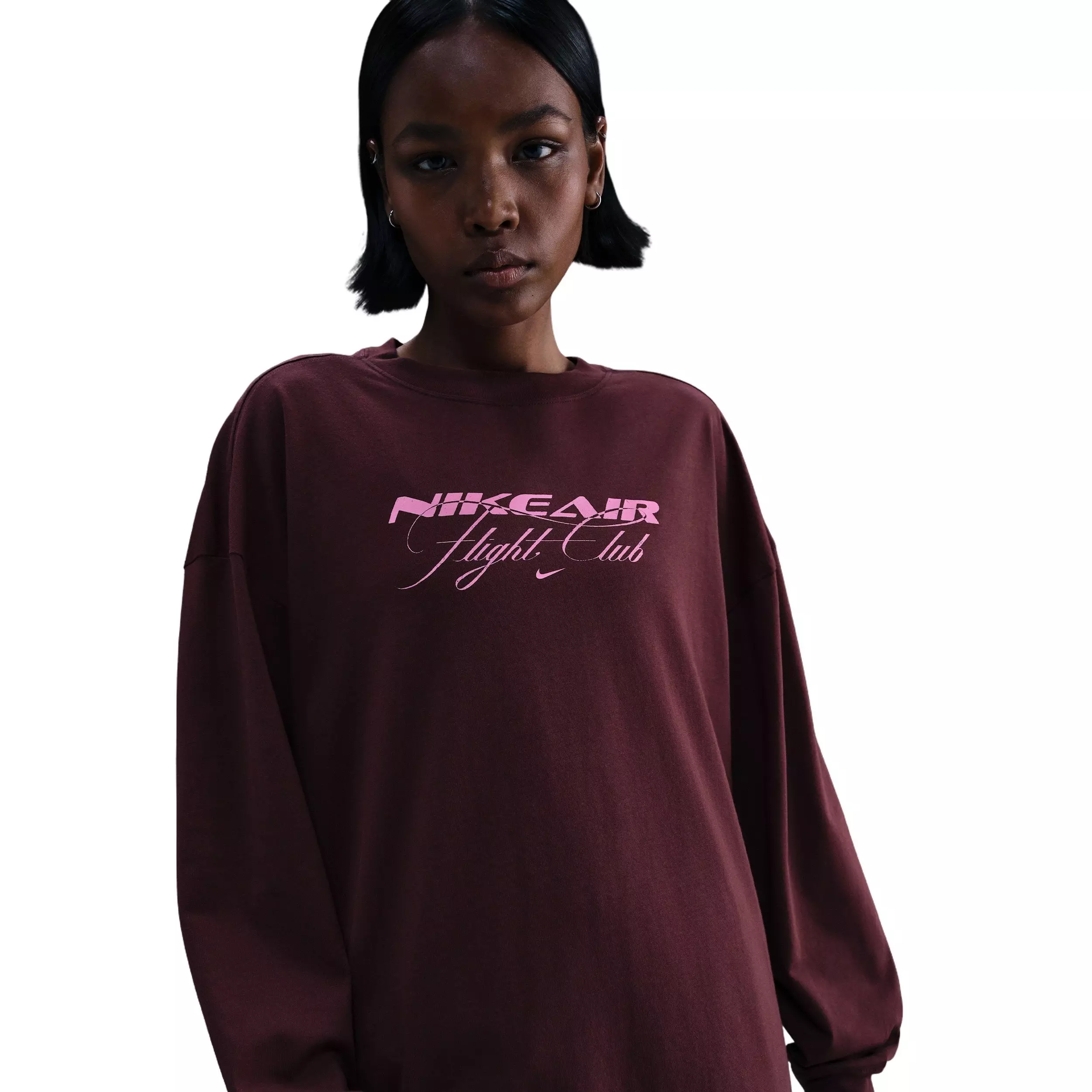 Nike Women's Sportswear Oversized Long-Sleeve Travel T-Shirt -Burgundy - BURGUNDY