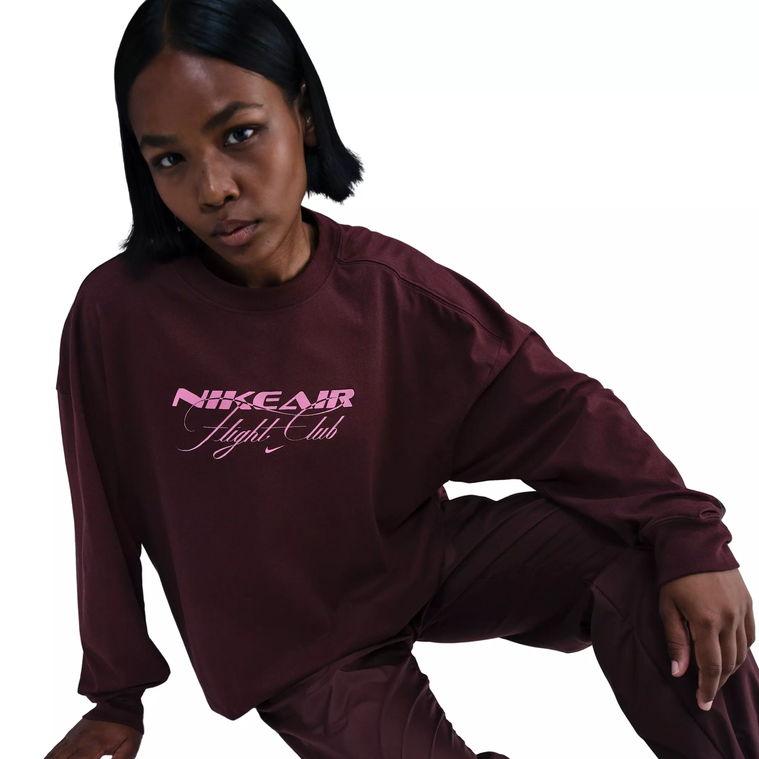 Nike Women's Sportswear Oversized Long-Sleeve Travel T-Shirt -Burgundy - BURGUNDY