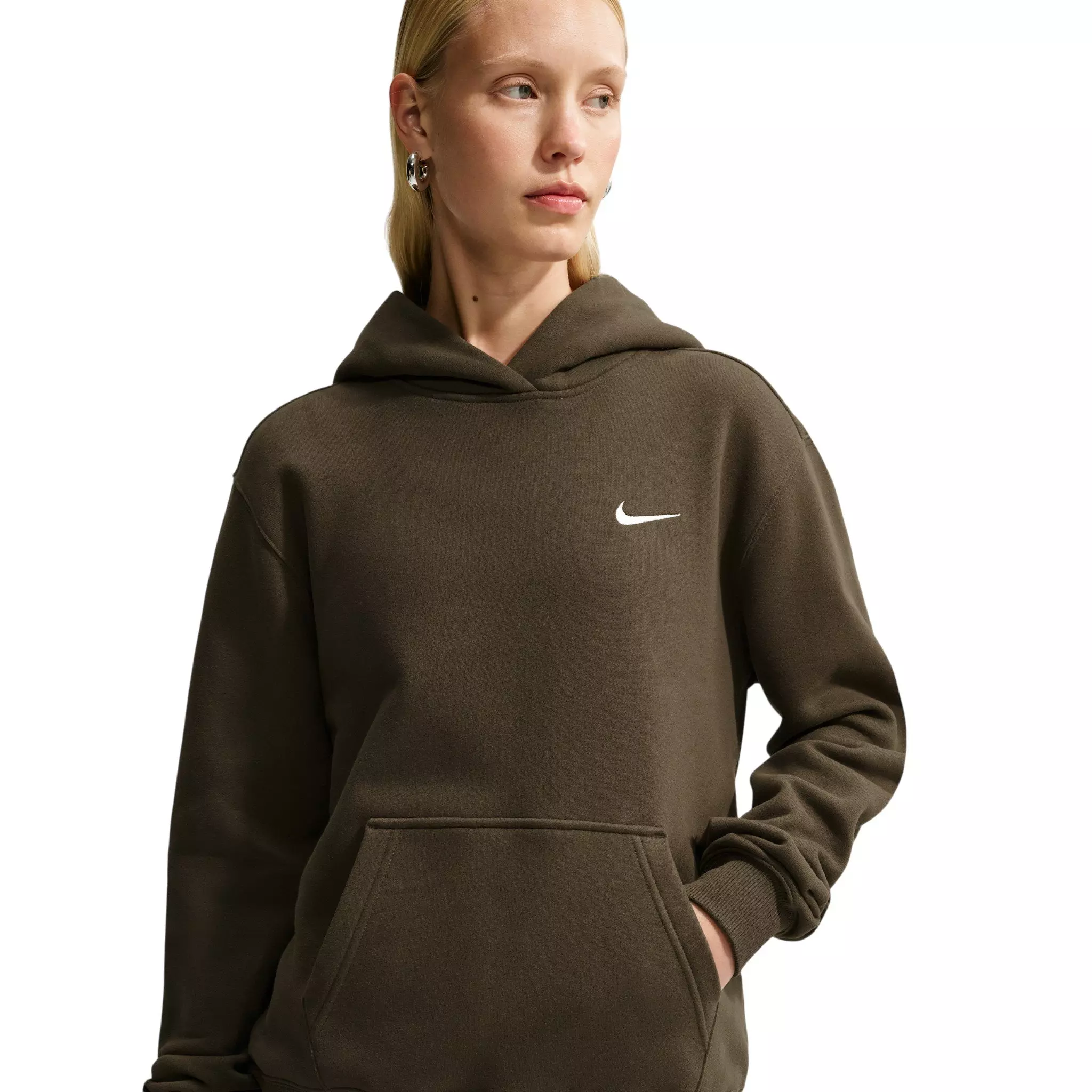 Nike Women's Studio Fleece Medium Weight Embroidered Logo Pullover Hoodie - Brown - BROWN