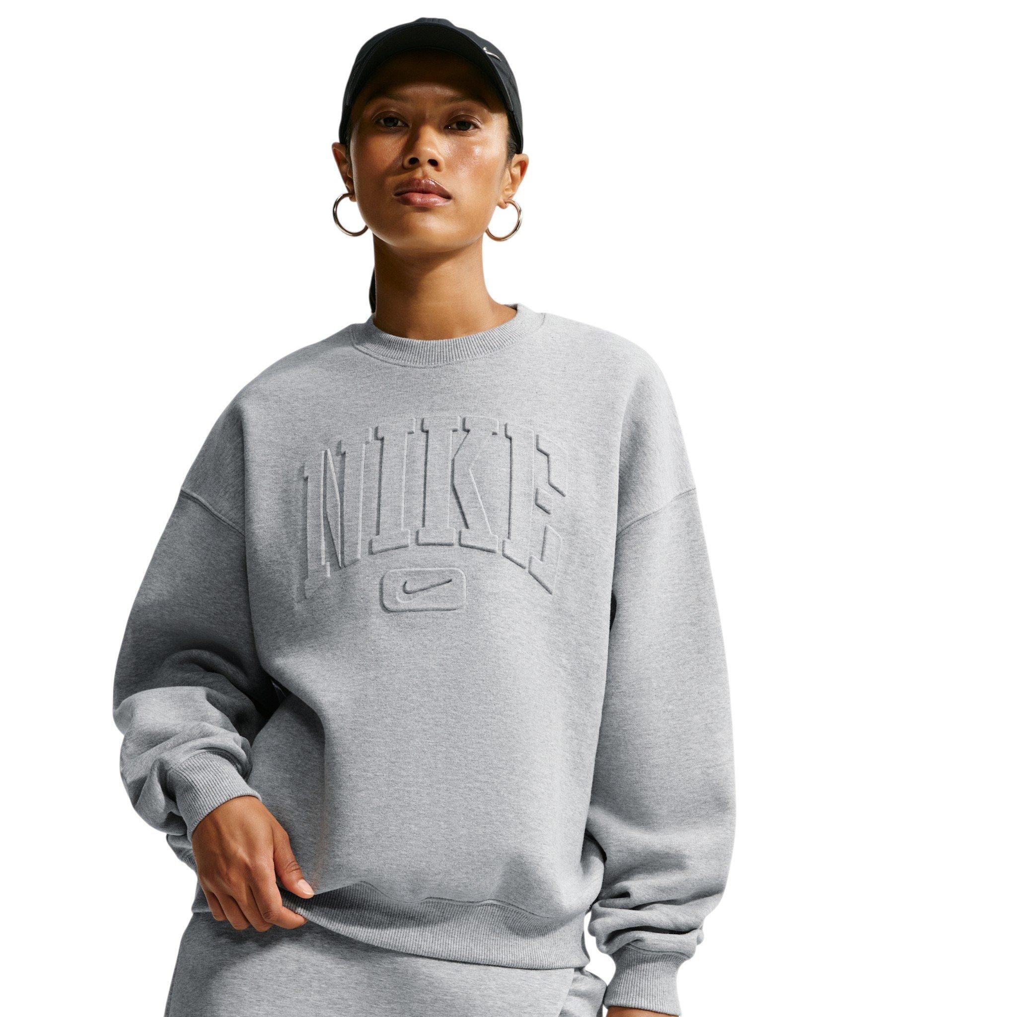 Nike Women's Studio Fleece Med-Weight "Graphic Pack" Oversized Embossed Crew - Grey - GREY
