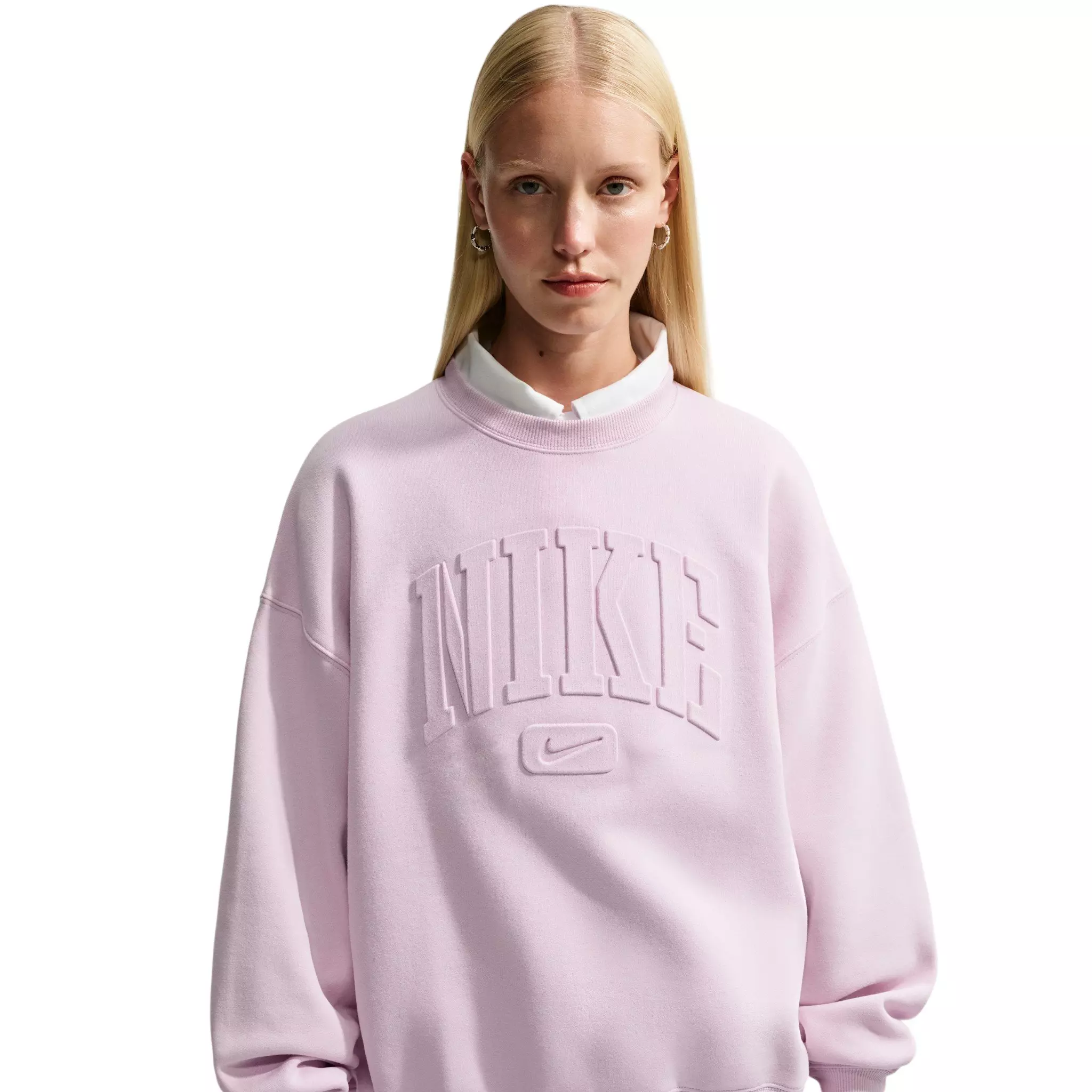 Nike Women's Studio Fleece Med-Weight "Graphic Pack" Oversized Embossed Crew - Bleached Lilac - BLEACHED LILAC 