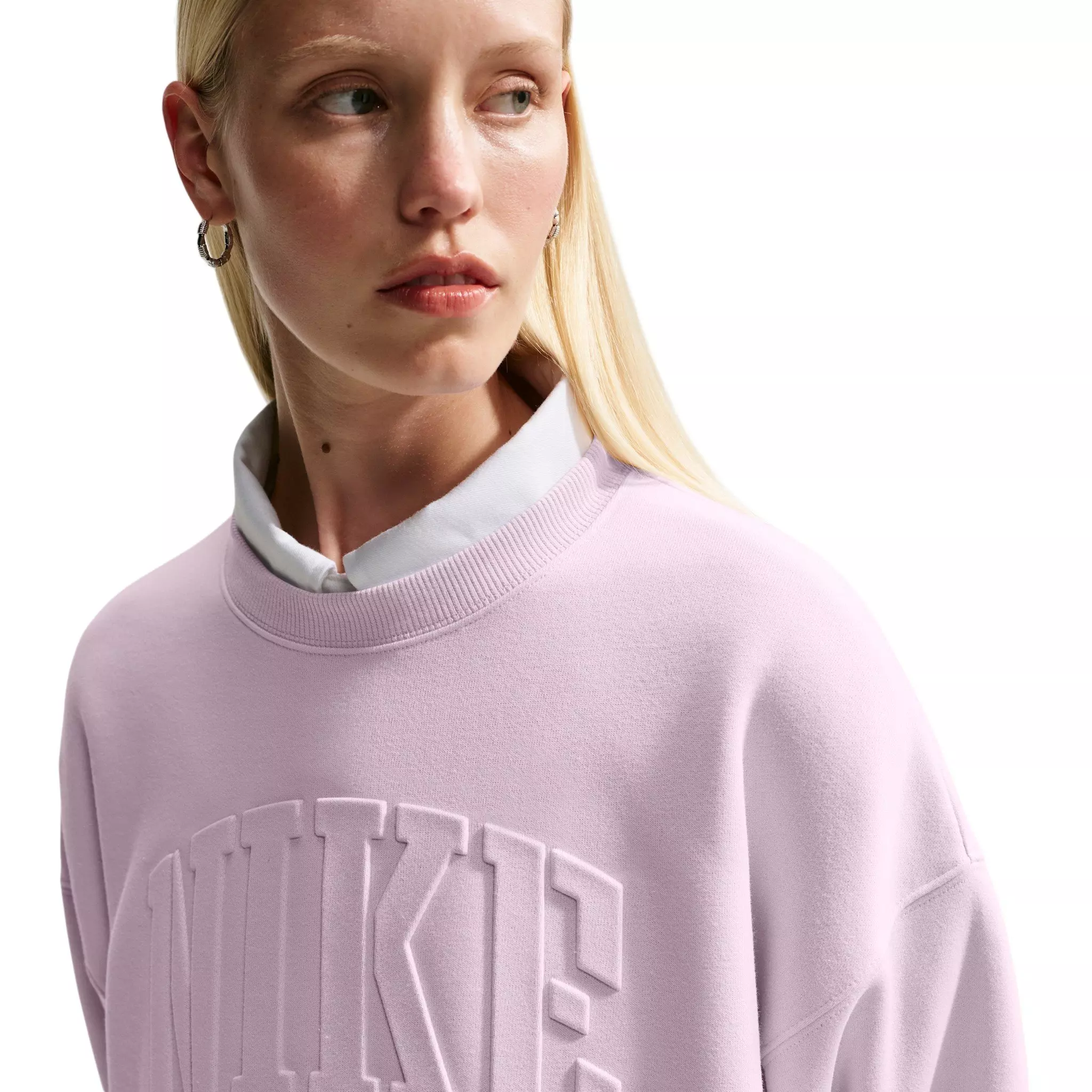 Nike Women's Studio Fleece Med-Weight "Graphic Pack" Oversized Embossed Crew - Bleached Lilac - BLEACHED LILAC 