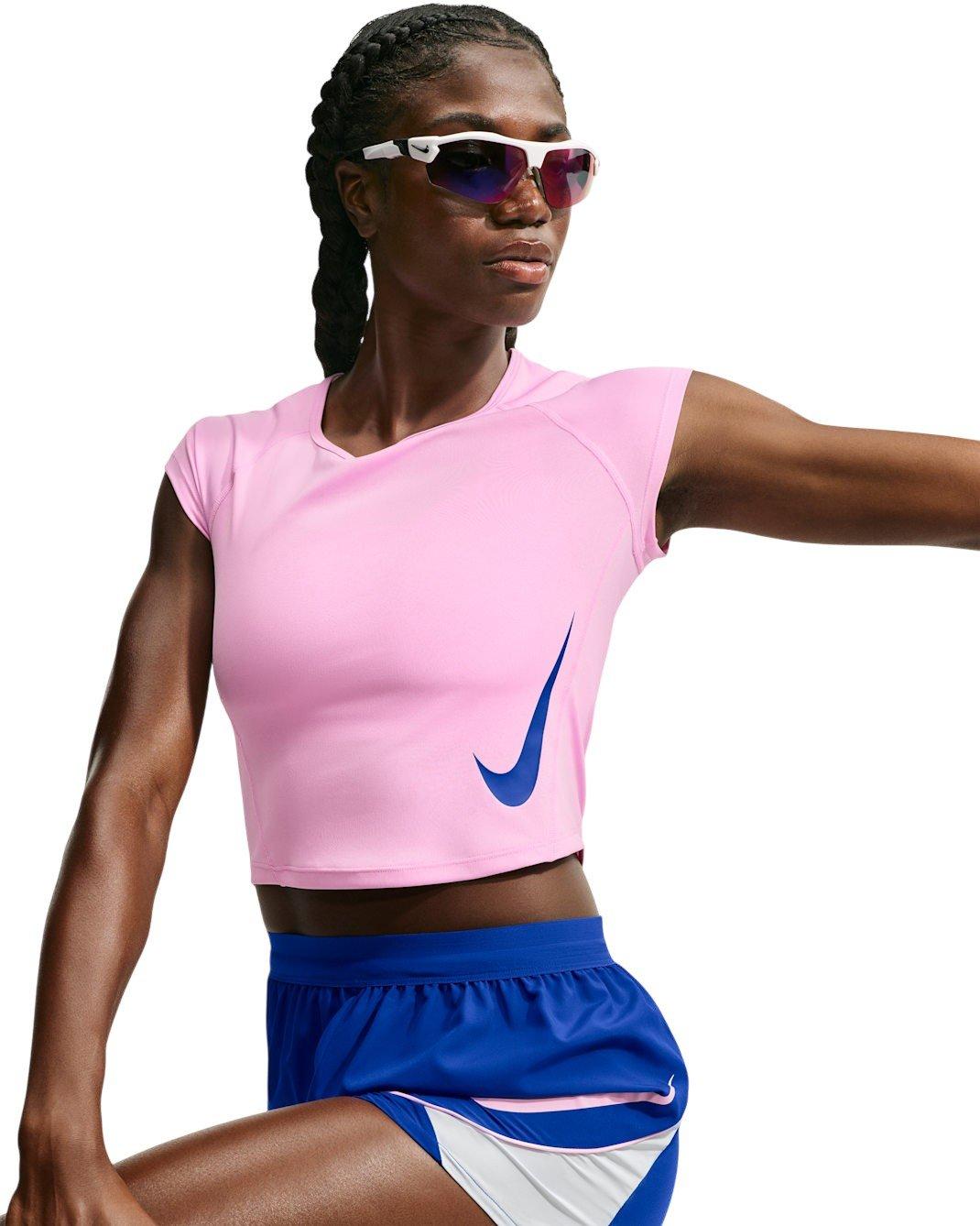 Nike Women's Tempo Swoosh Dri-FIT Cap-Sleeve Running Top - Pink/Blue - PINK/BLUE Thumbnail View 3