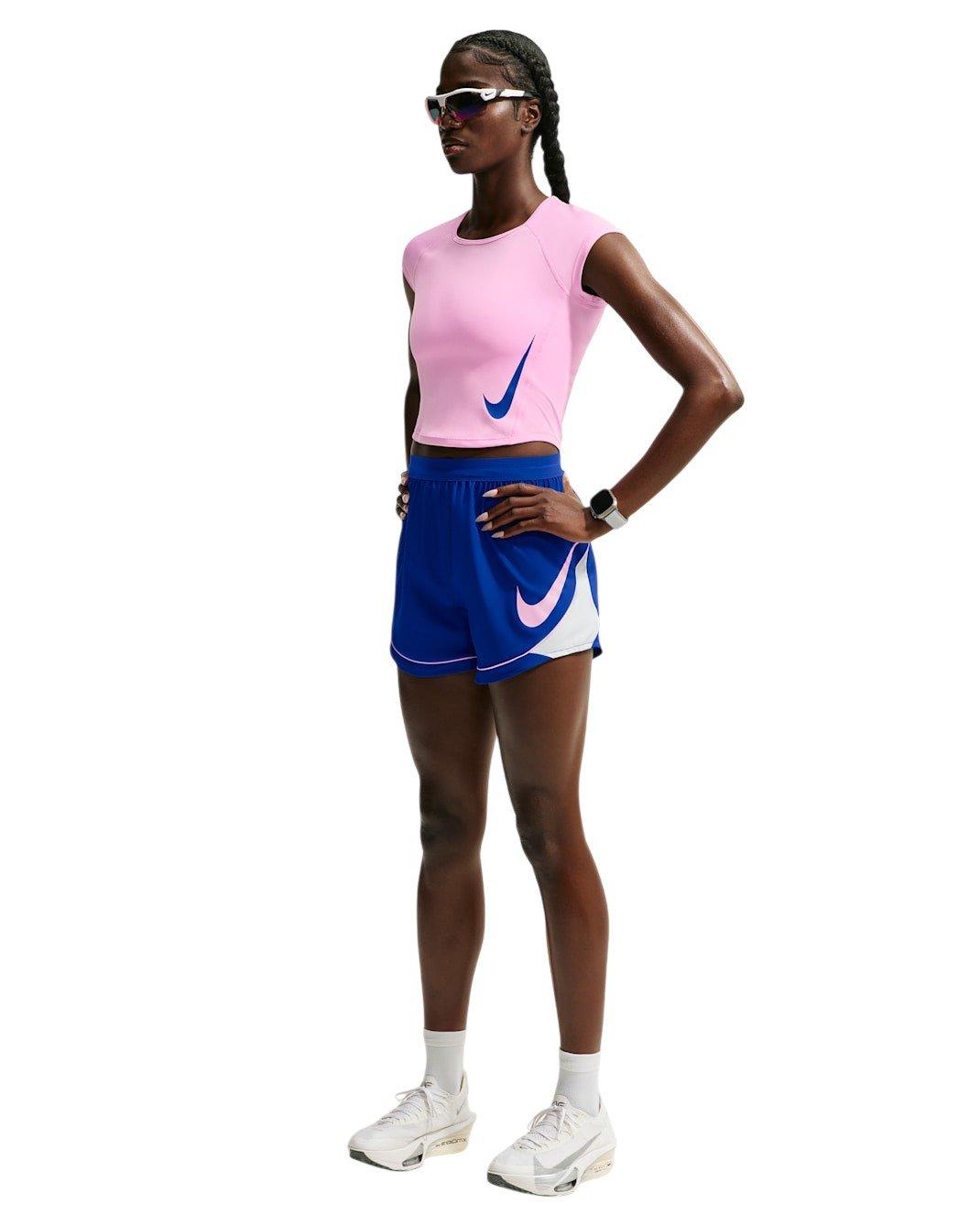 Nike Women's Tempo Swoosh Dri-FIT Cap-Sleeve Running Top - Pink/Blue - PINK/BLUE Thumbnail View 4