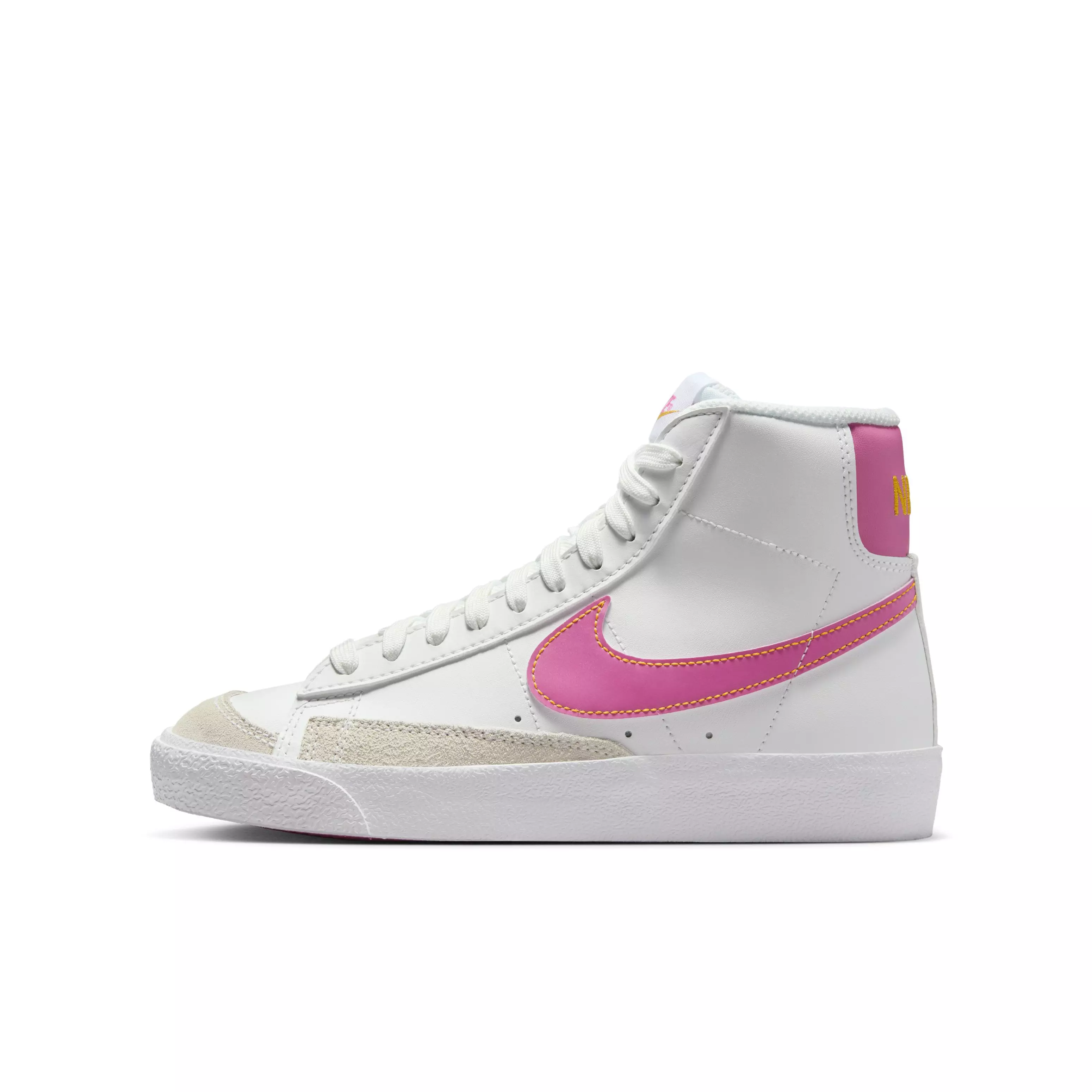 Nike Blazer Mid '77 "Summit White/University Gold/White/Pinksicle" Grade School Girls' Shoe - WHITE/GOLD/WHITE/PINKSICLE