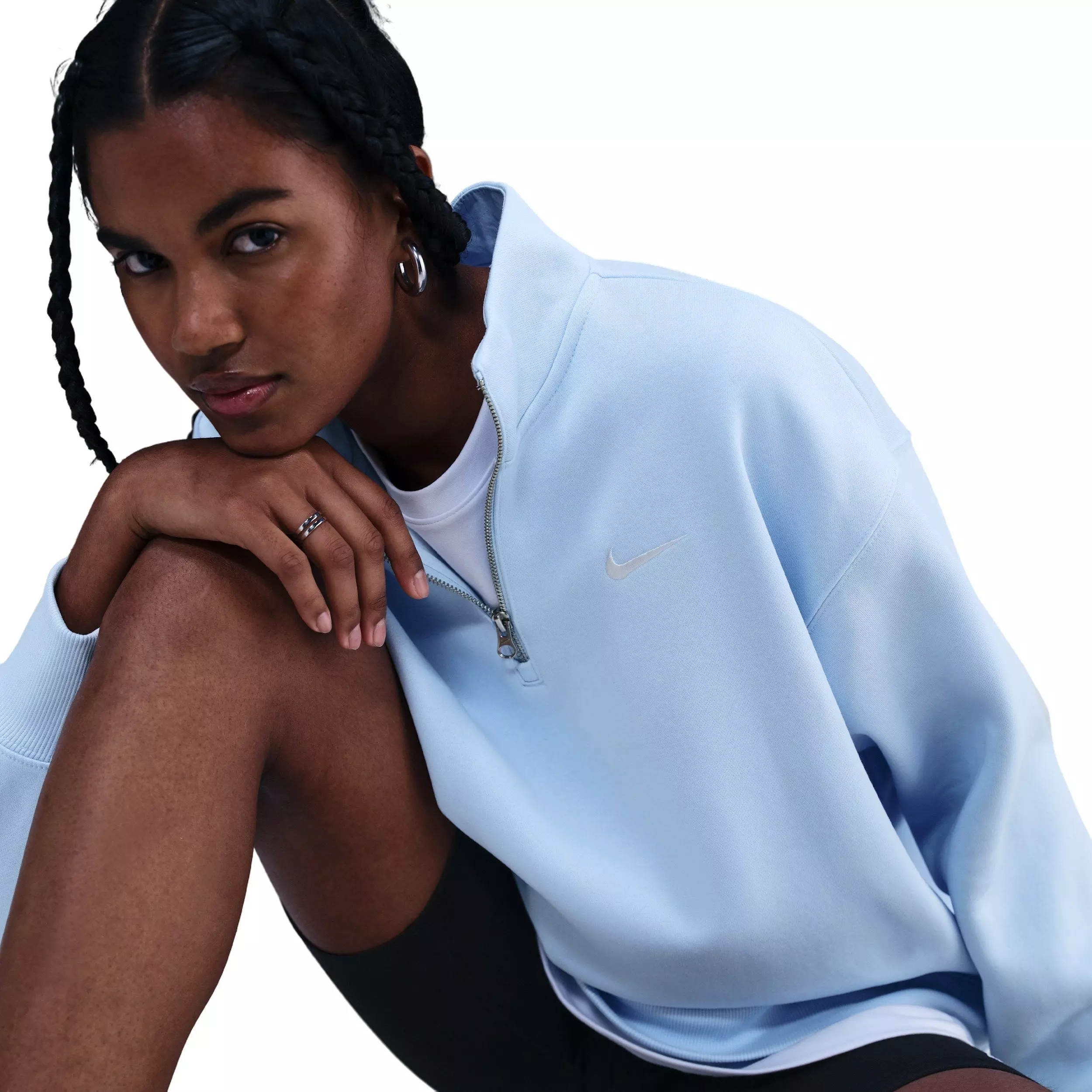 Nike Women's Sportswear Phoenix Fleece Oversized 1/4-Zip Long Sweatshirt -Lt Blue - LT BLUE